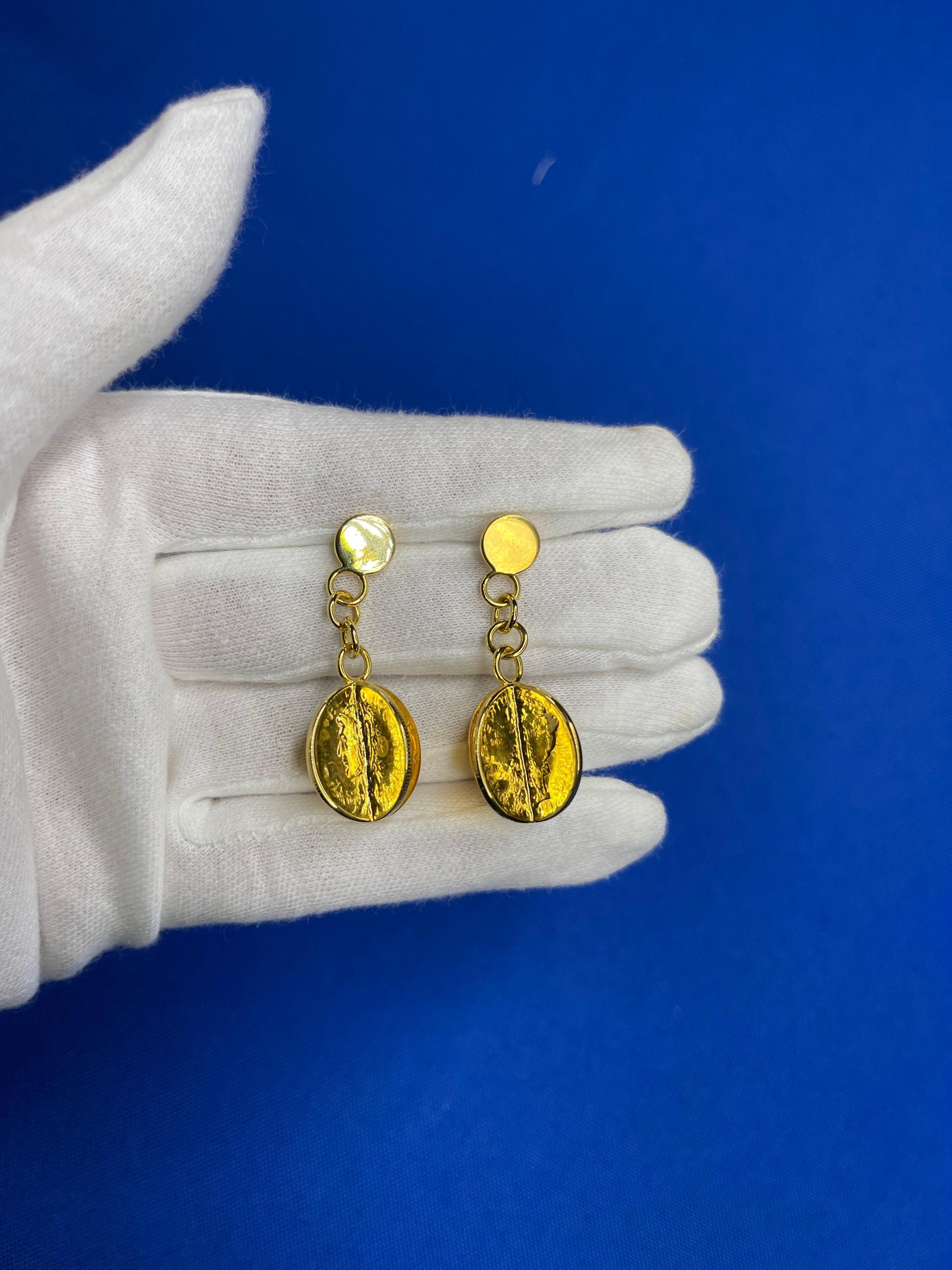 Vintage Dollar Coin Yellow Gold Vermeil Sterling Silver Charm Drop Earrings For Sale 2