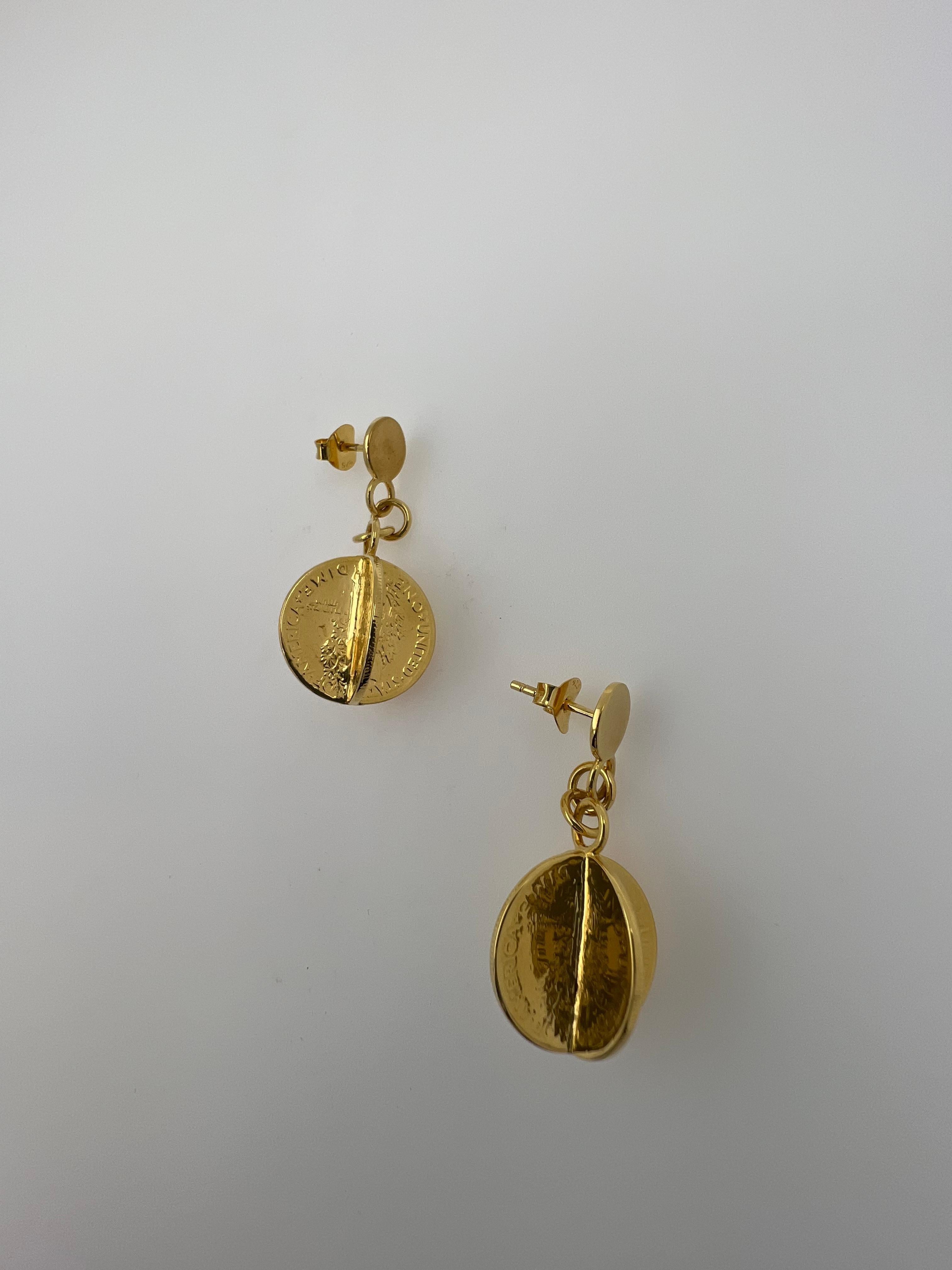 Vintage Dollar Coin Yellow Gold Vermeil Sterling Silver Charm Drop Earrings For Sale 9