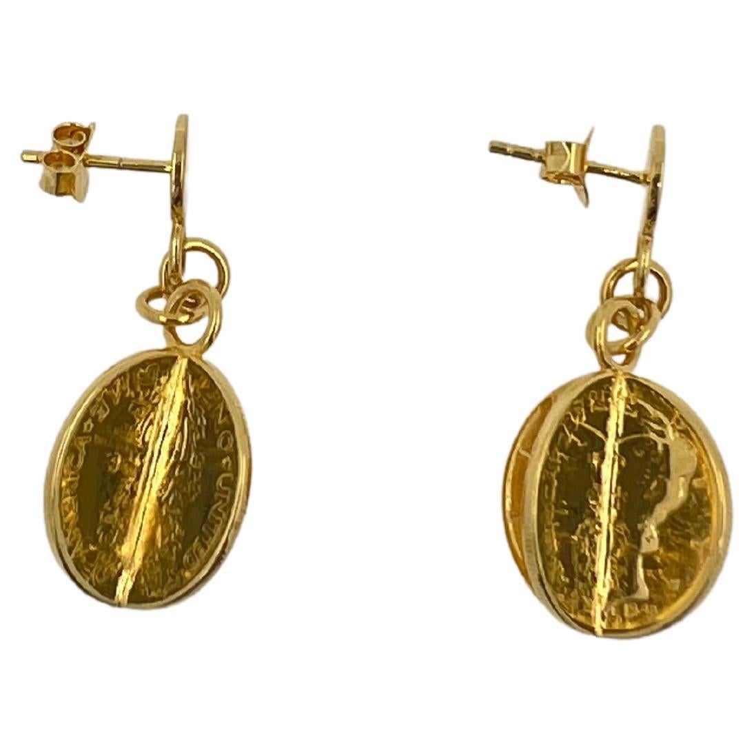 Vintage Dollar Coin Yellow Gold Vermeil Sterling Silver Charm Drop Earrings
