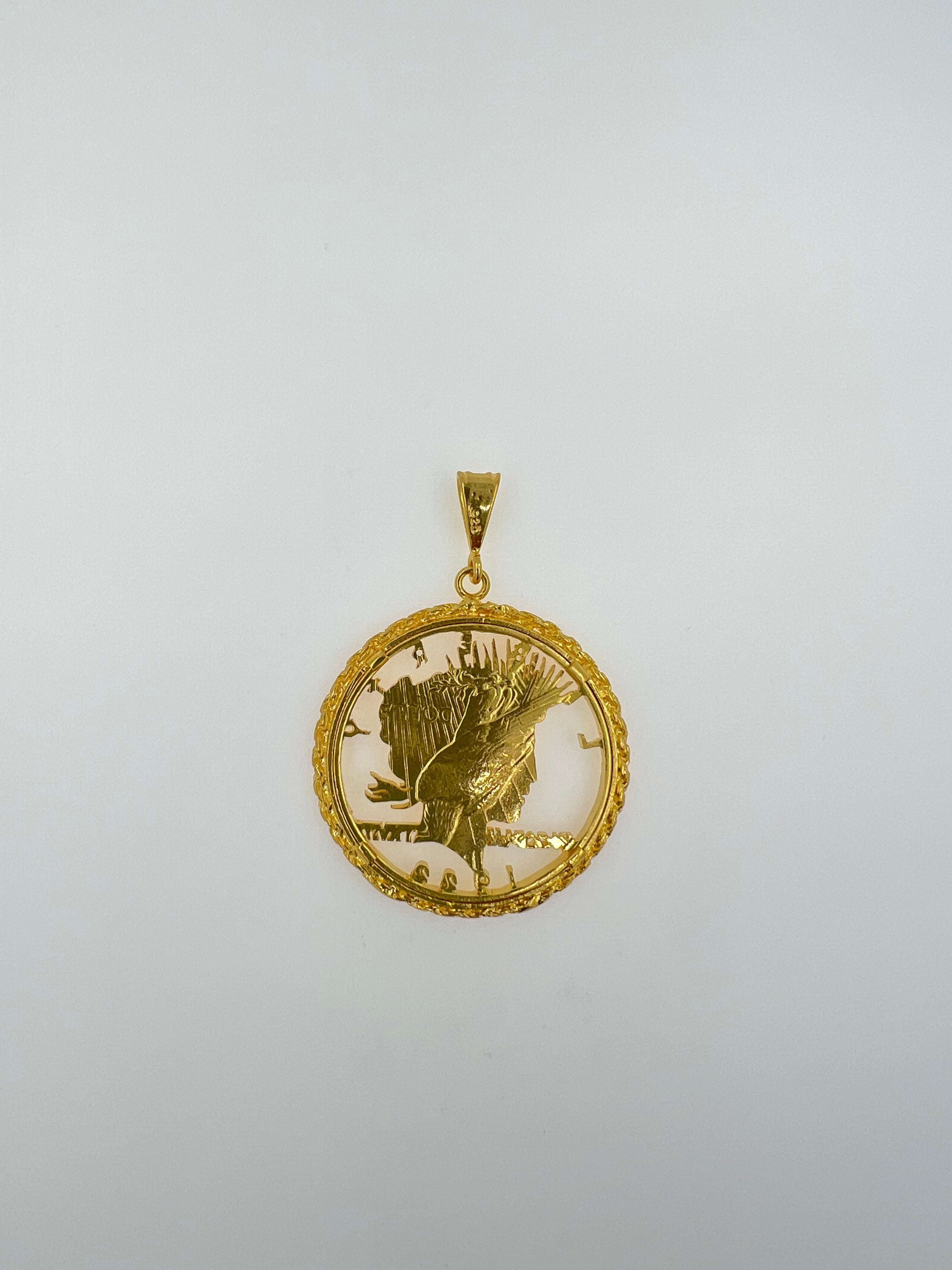 Retro Vintage Dollar Coin Yellow Gold Vermeil Sterling Silver Charm Medallion Pendant For Sale