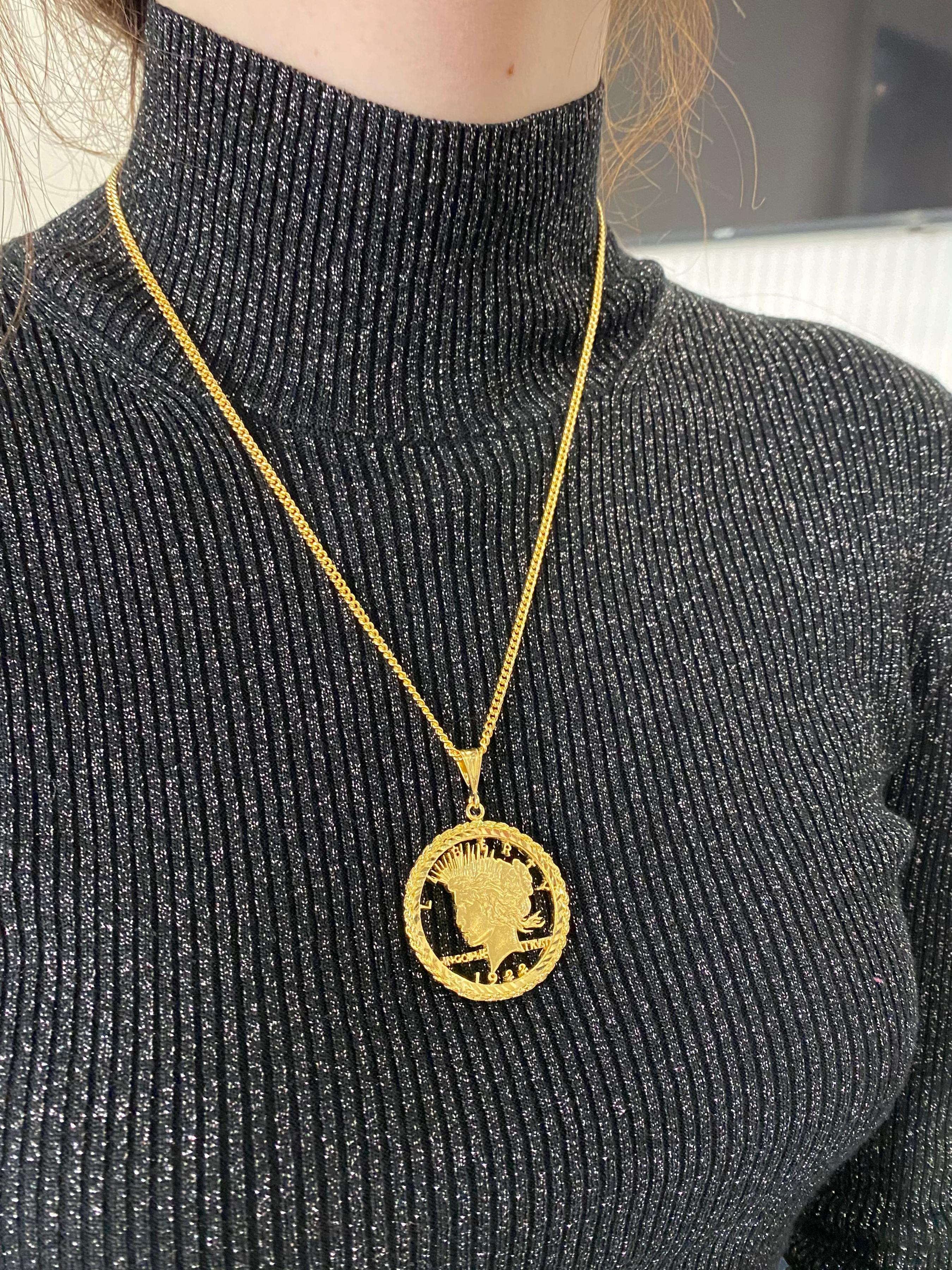 Women's or Men's Vintage Dollar Coin Yellow Gold Vermeil Sterling Silver Charm Medallion Pendant For Sale