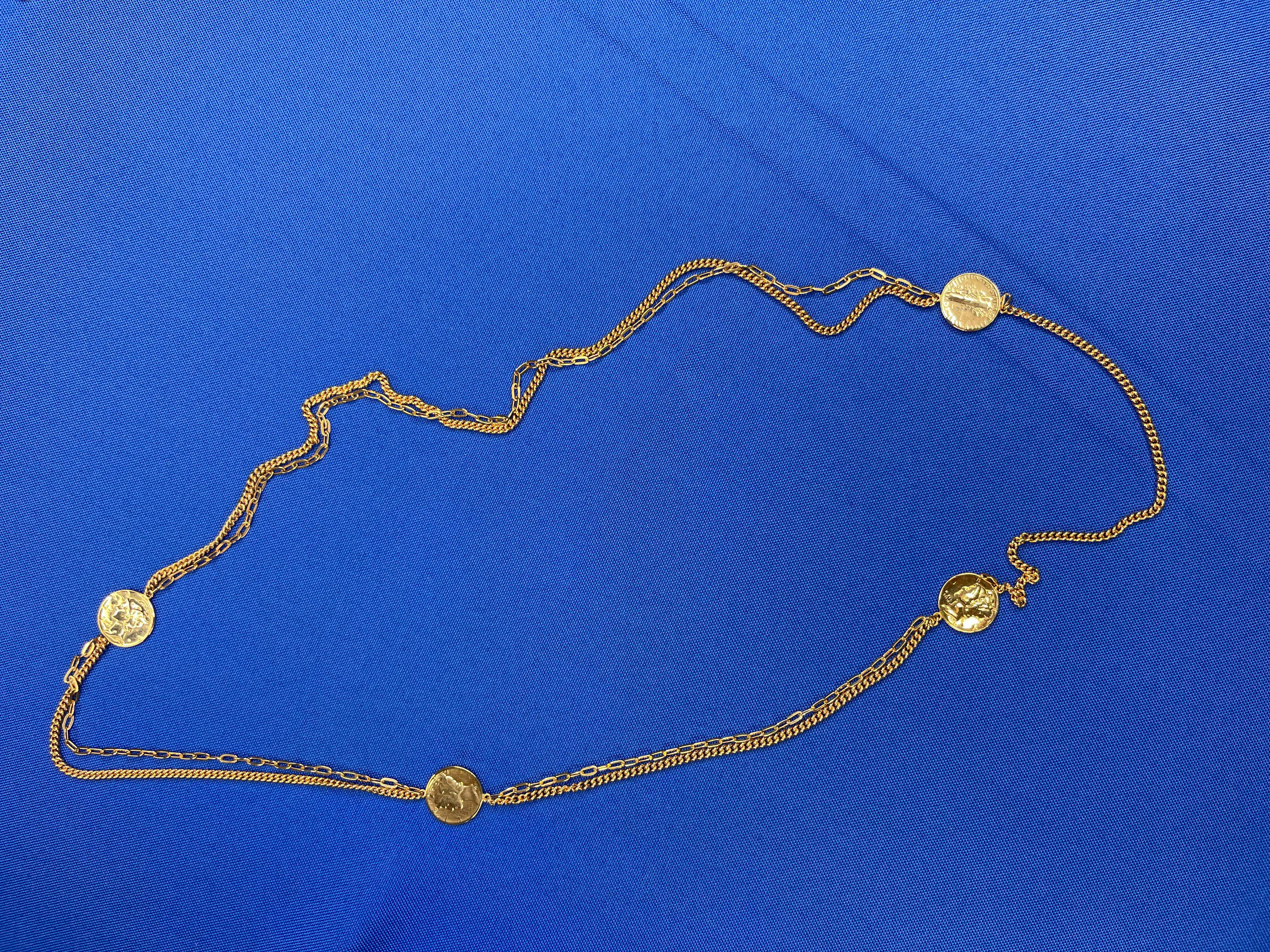 Vintage Dollar Coin Yellow Gold Vermeil Sterling Silver Double Chain Necklace For Sale 1