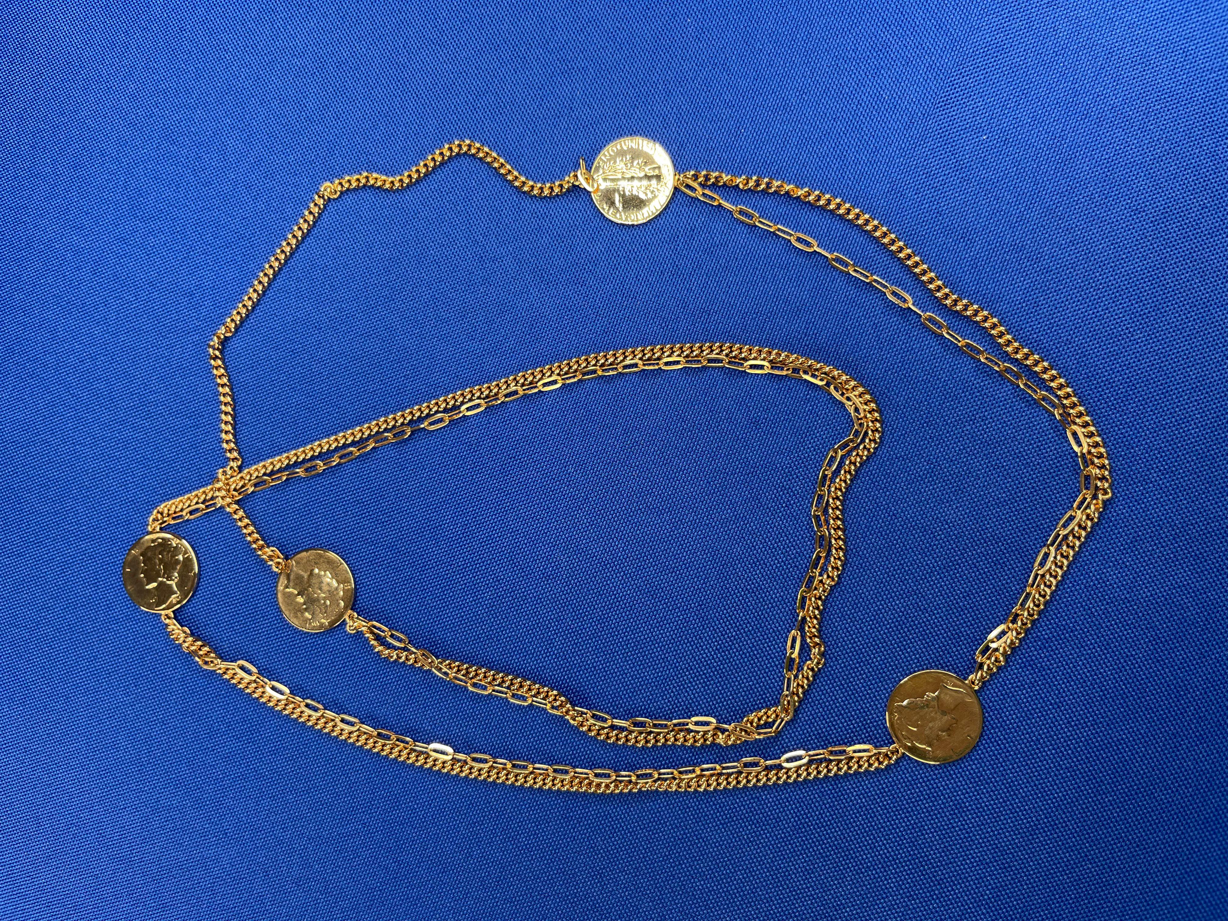 Vintage Dollar Coin Yellow Gold Vermeil Sterling Silver Double Chain Necklace For Sale 2