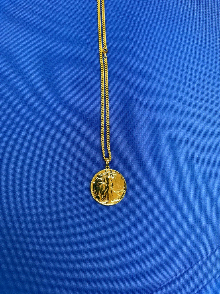 Vintage Dollar Coin Curb Link Yellow Gold Vermeil Sterling Silver Chain