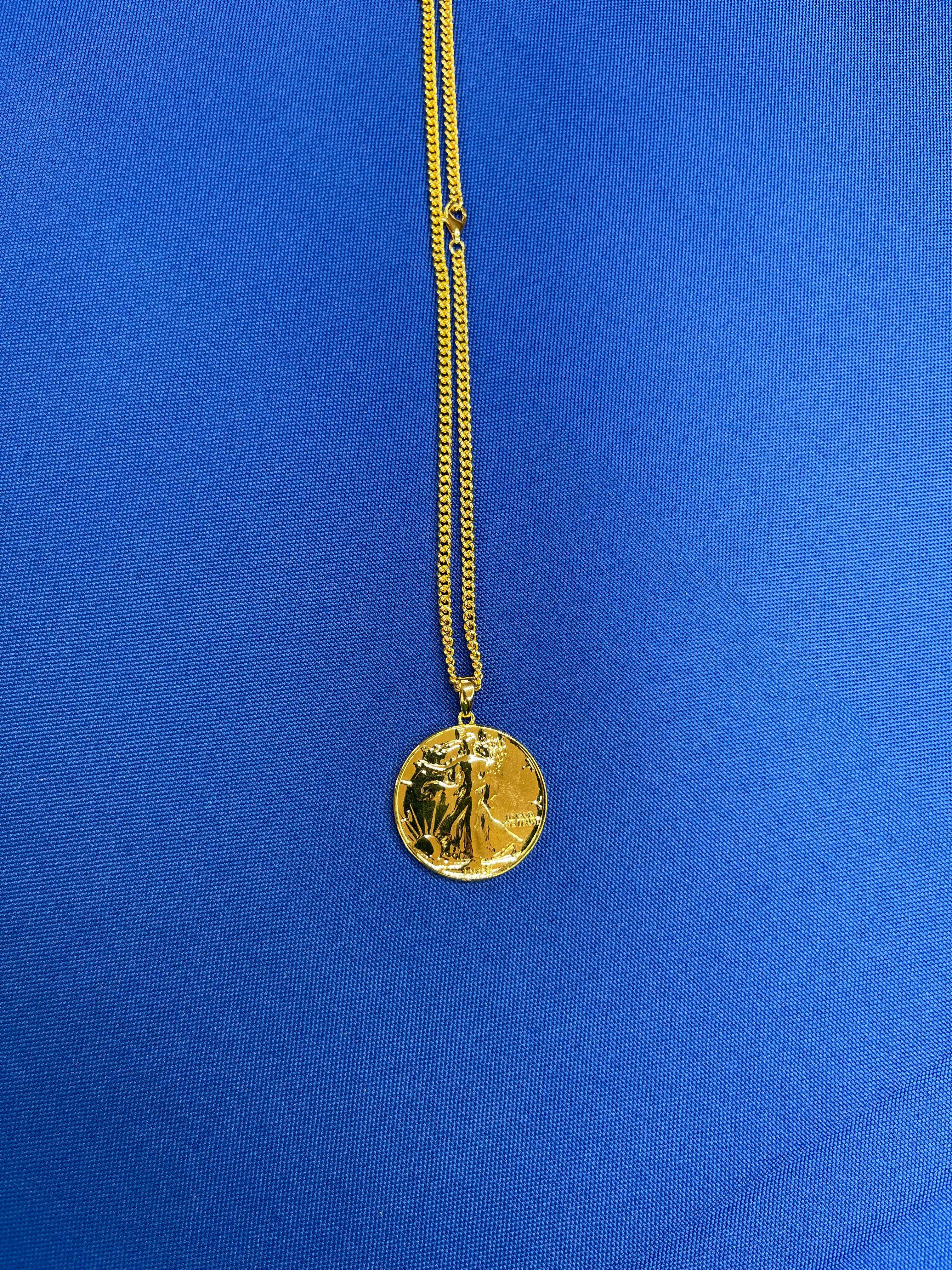 Retro Vintage Dollar Coin Curb Link Yellow Gold Vermeil Sterling Silver Chain Necklace For Sale