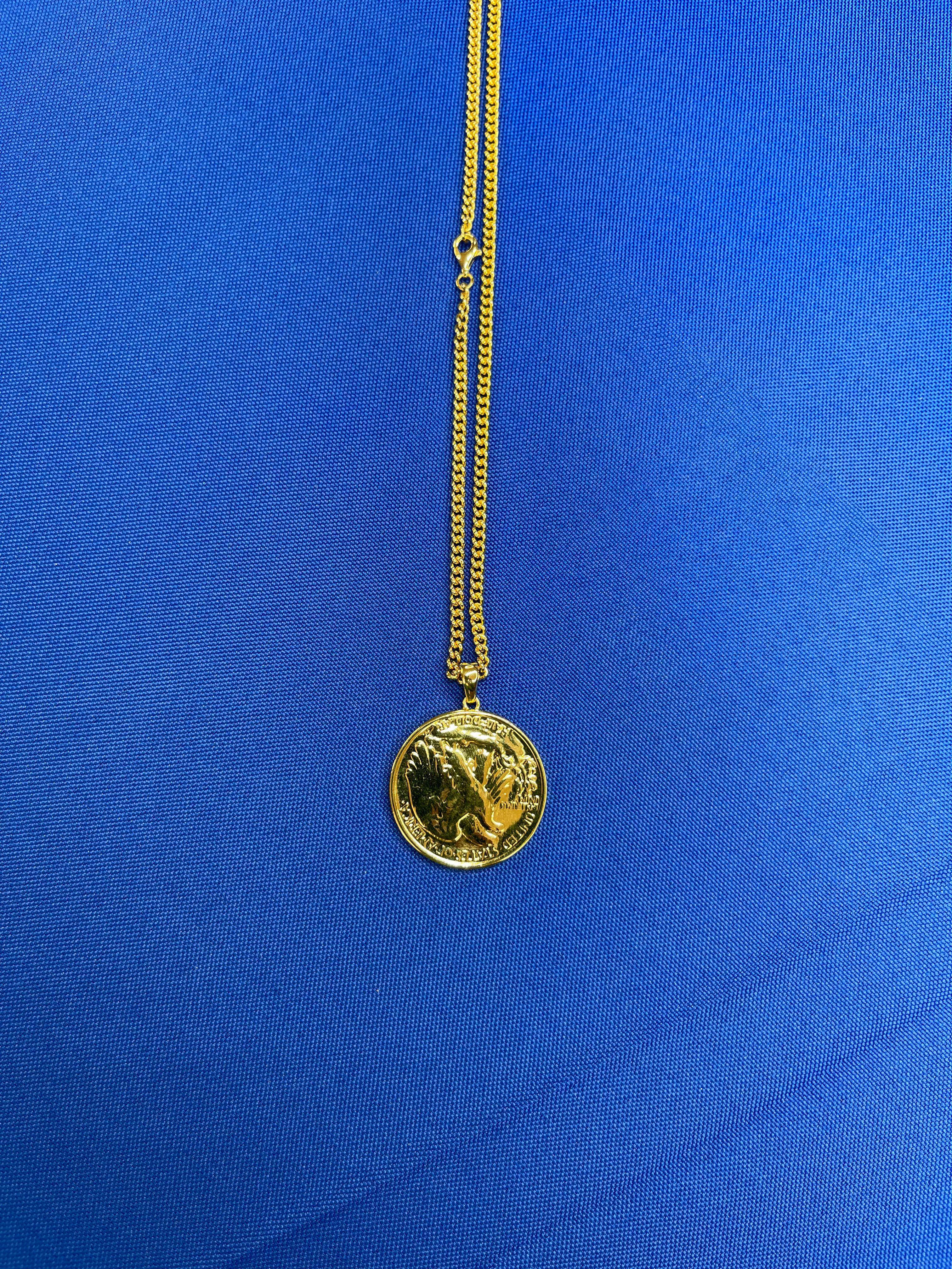 Vintage Dollar Coin Curb Link Yellow Gold Vermeil Sterling Silver Chain Necklace In New Condition For Sale In Oakton, VA