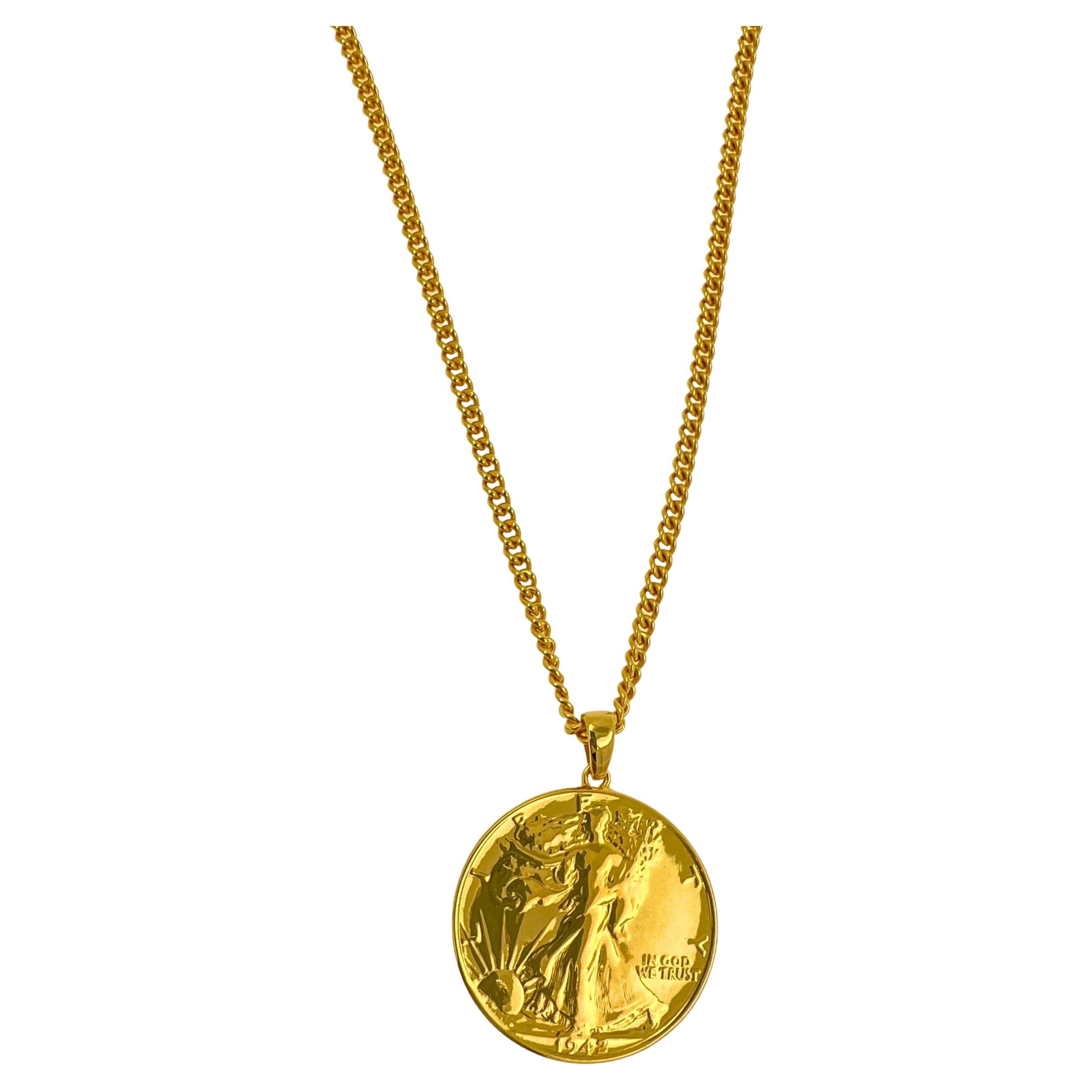 Vintage Dollar Coin Curb Link Yellow Gold Vermeil Sterling Silver Chain Necklace For Sale