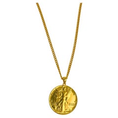 Vintage Dollar Coin Curb Link Yellow Gold Vermeil Sterling Silver Chain Necklace