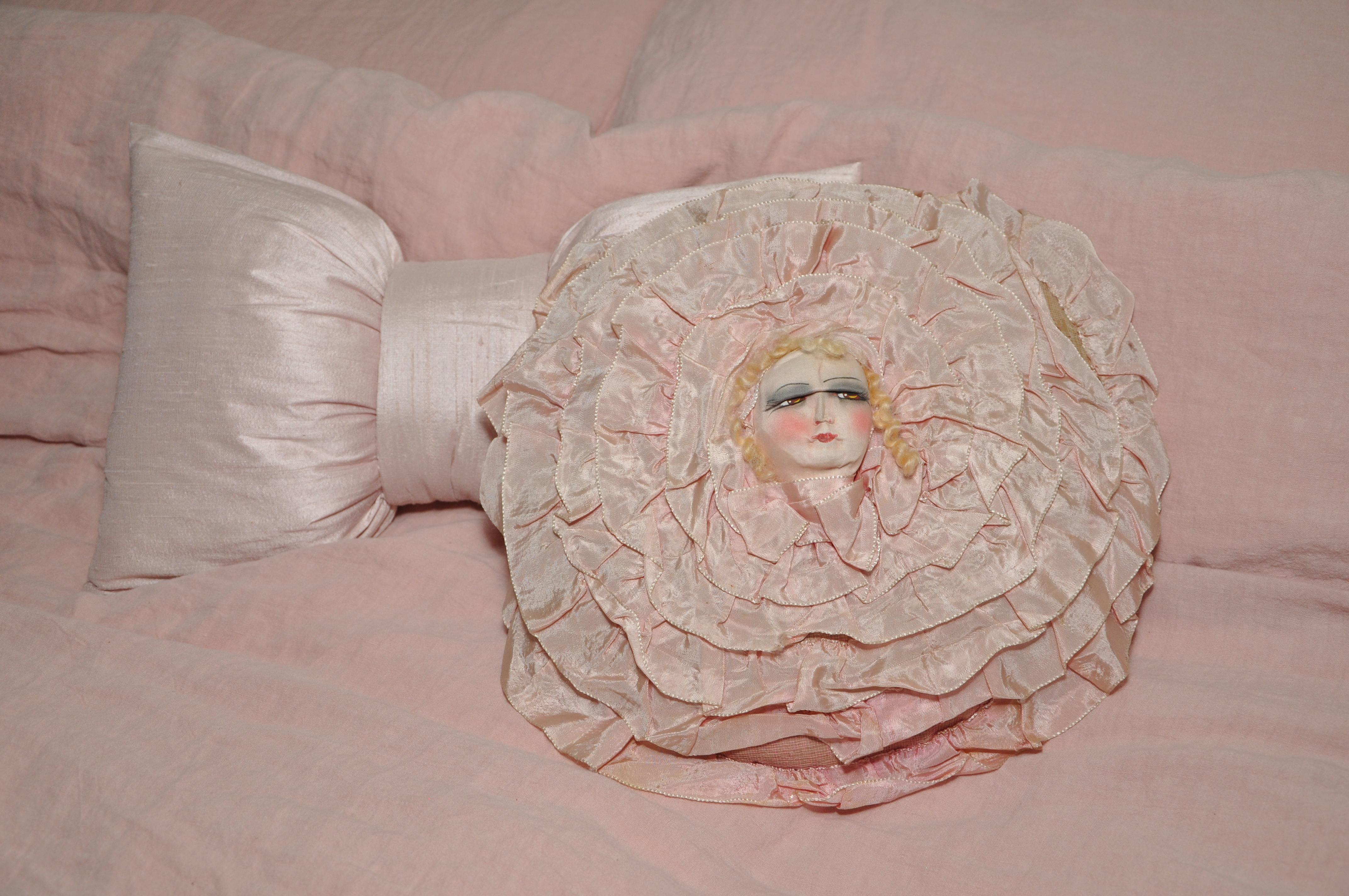 European Vintage Dolls Head Nightgown Pillow Cushion Case 1940s Pink Flower