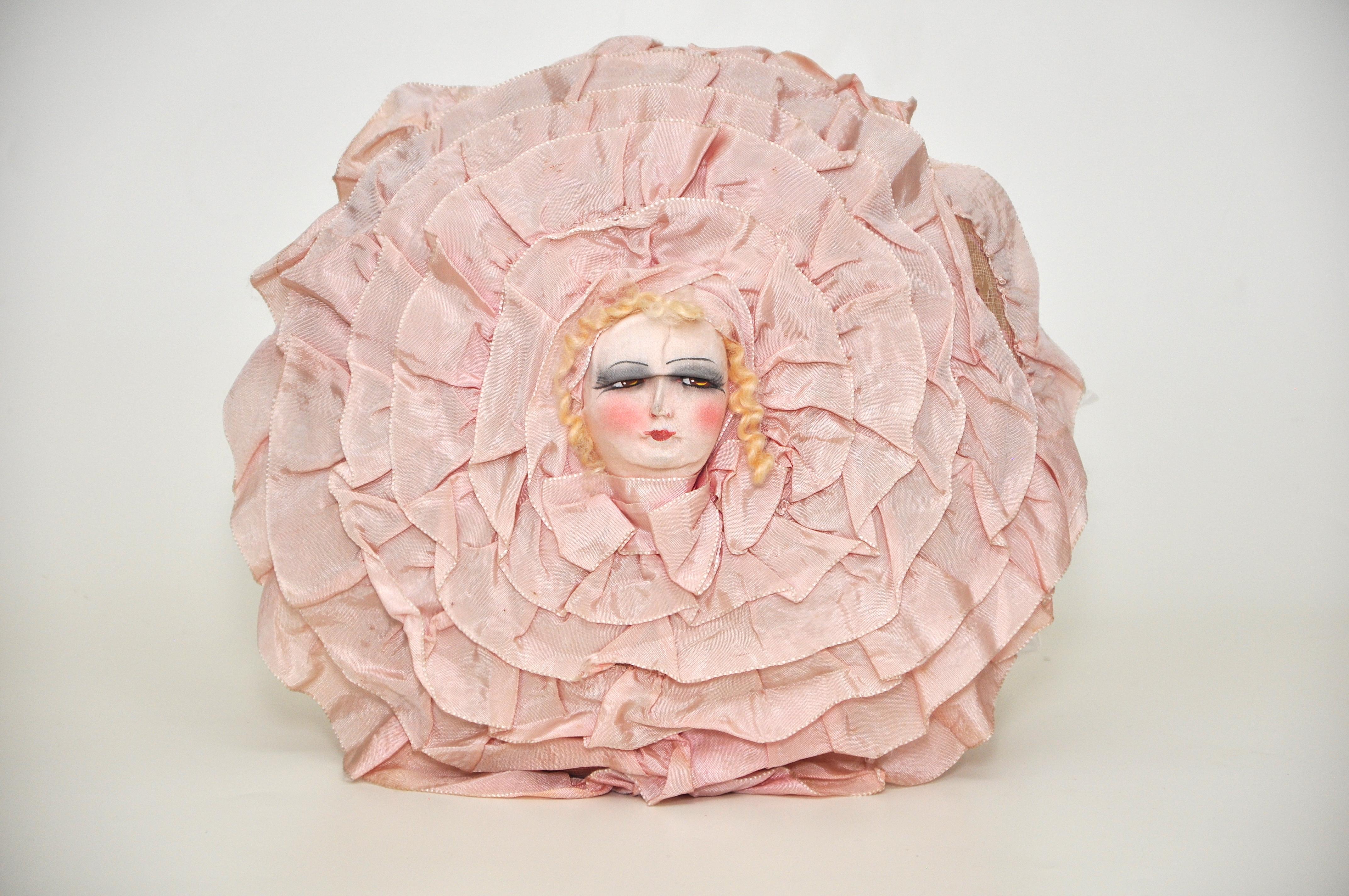 Vintage Dolls Head Nightgown Pillow Cushion Case 1940s Pink Flower In Fair Condition In Belfast, Northern Ireland