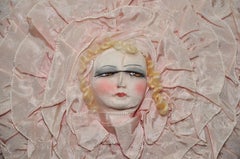 Vintage Dolls Head Nightgown Pillow Cushion Case 1940s Pink Flower