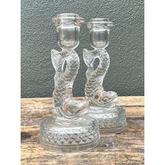 Vintage Dolphin Glass Candlesticks - A Pair