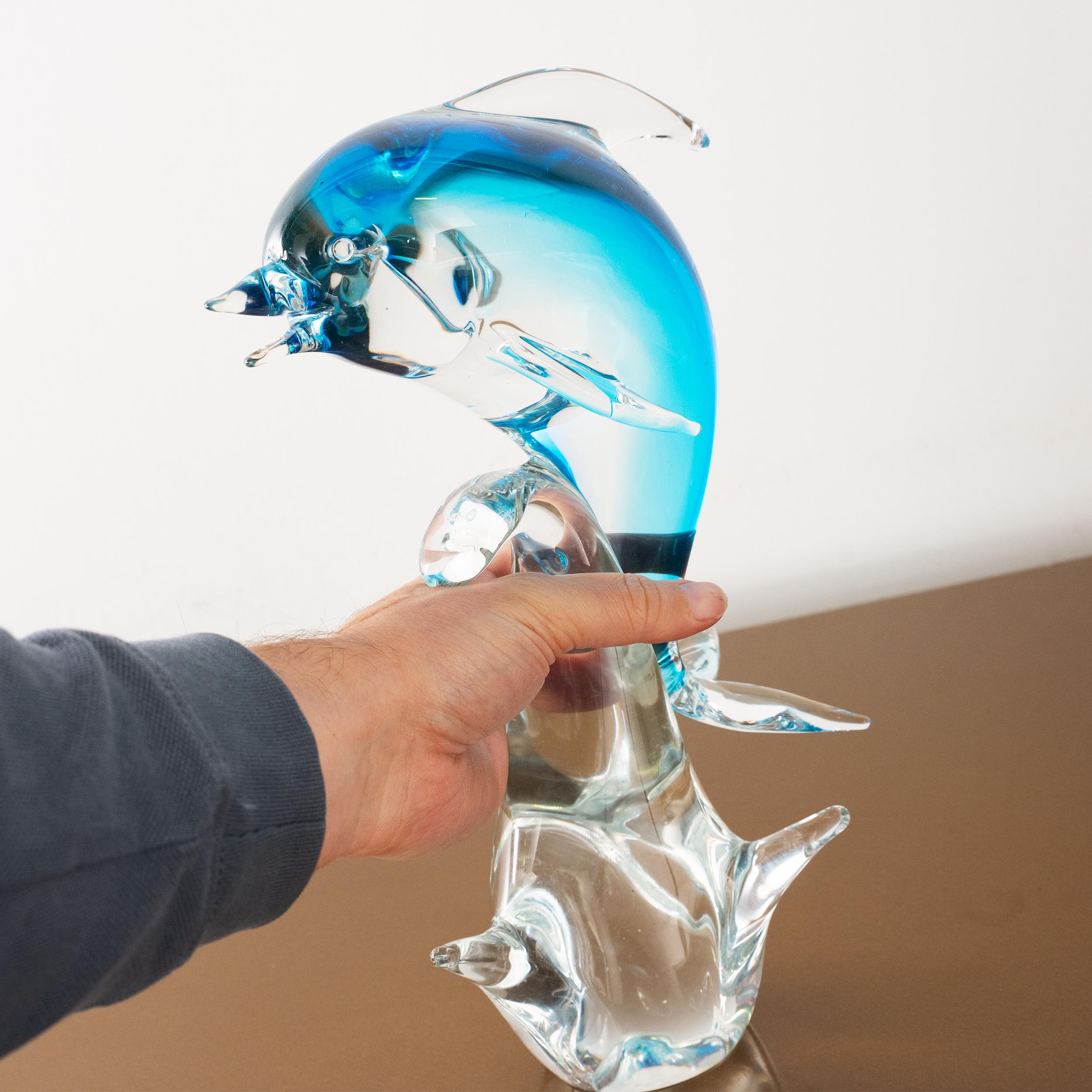 Scultura delfino vintage in vetro di Murano blu e cristallo, Italia in stock in vendita 5