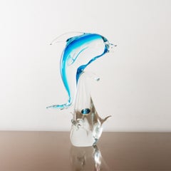 Vintage Delphin Skulptur in blau und Kristall Murano Glas, Italien auf Lager