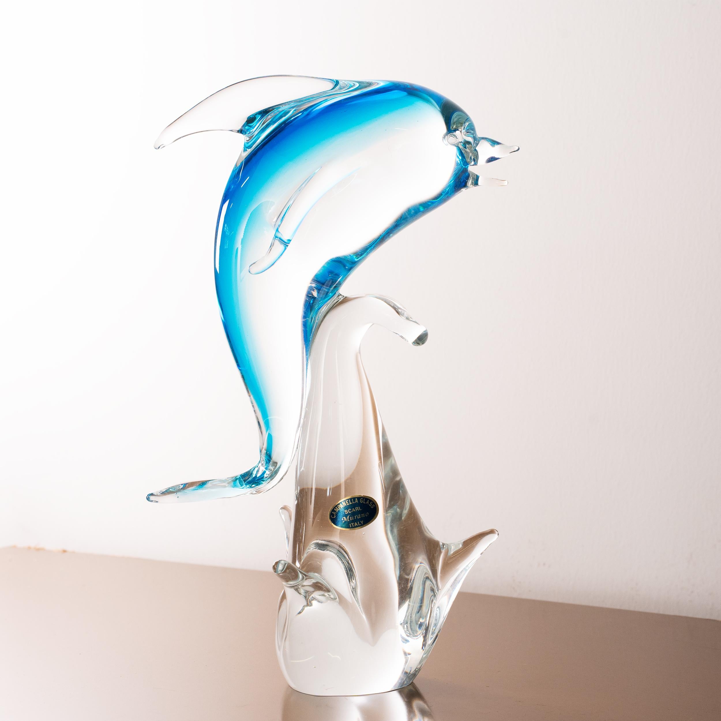 Scultura delfino vintage in vetro di Murano blu e cristallo, Italia in stock in vendita 1