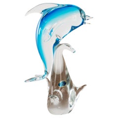 Escultura vintage Delfín en cristal y azul de Murano, Italia en stock