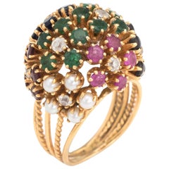 Vintage Dome Cocktail Ring Bombe Flowers 18 Karat Gold Rainbow Gemstones 5