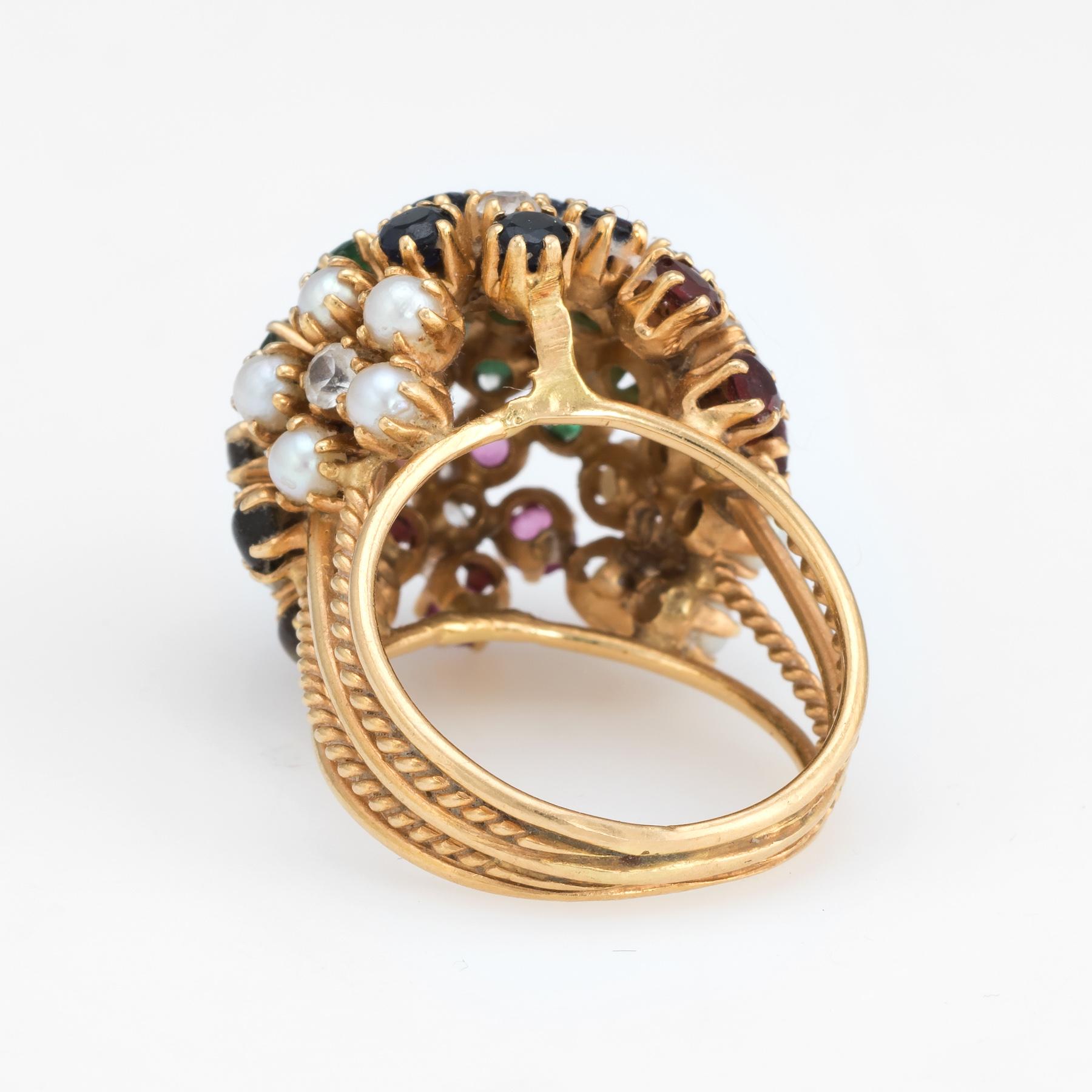 Vintage Dome Cocktail Ring Bombe Flowers 18 Karat Gold Rainbow Gemstones 5 In Good Condition In Torrance, CA