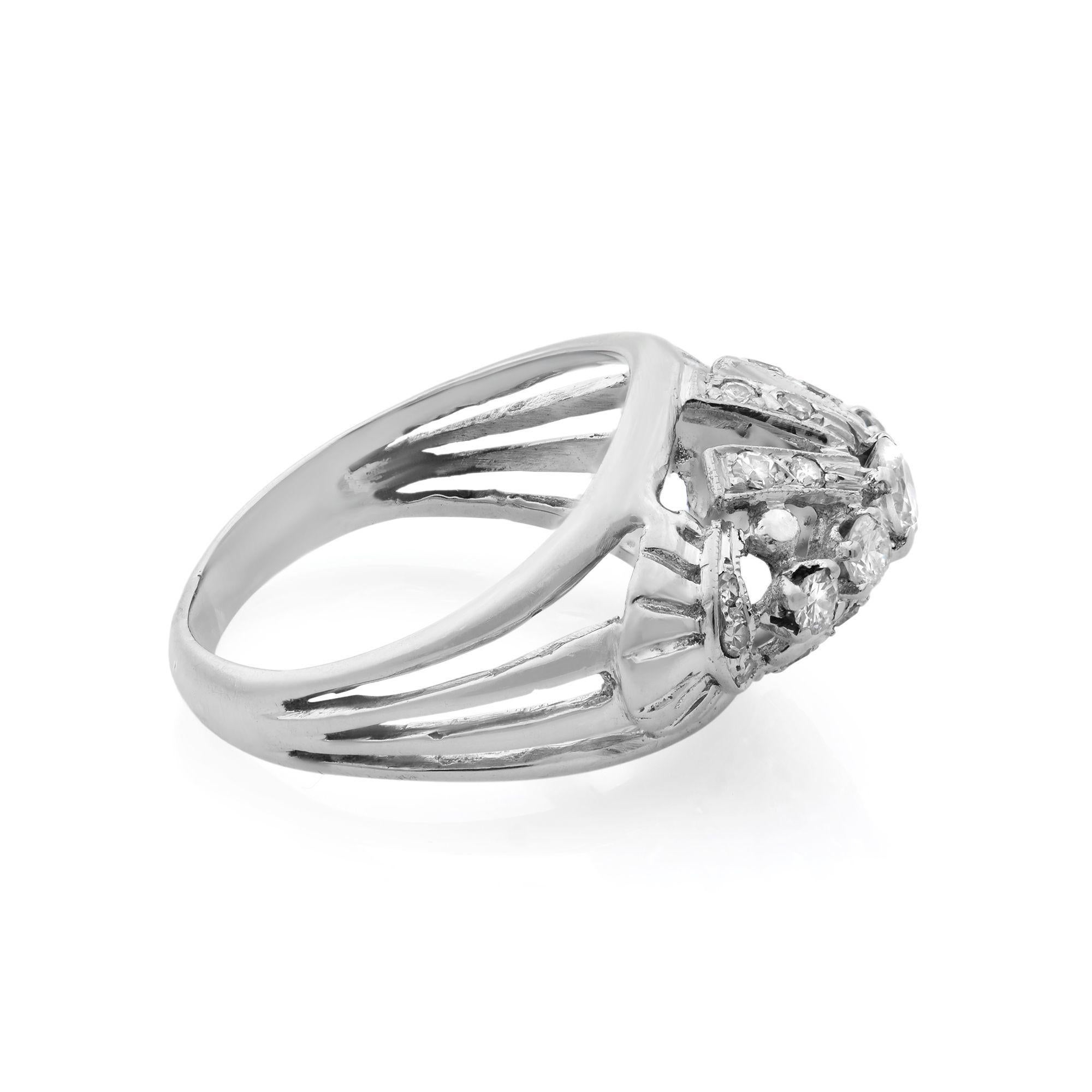 Modern Vintage Dome Diamond Cocktail Ring 14K White Gold 0.36Cttw For Sale