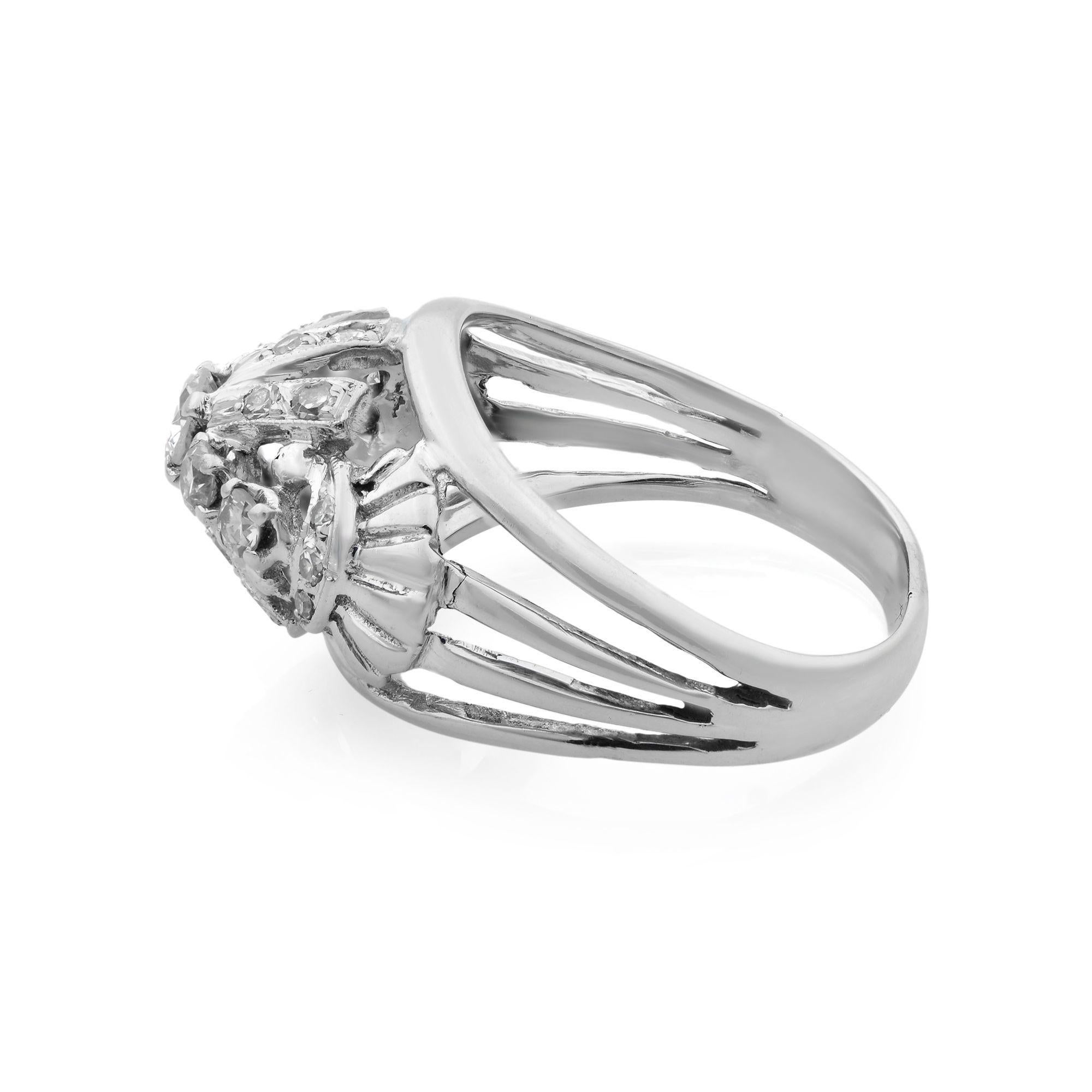Round Cut Vintage Dome Diamond Cocktail Ring 14K White Gold 0.36Cttw For Sale
