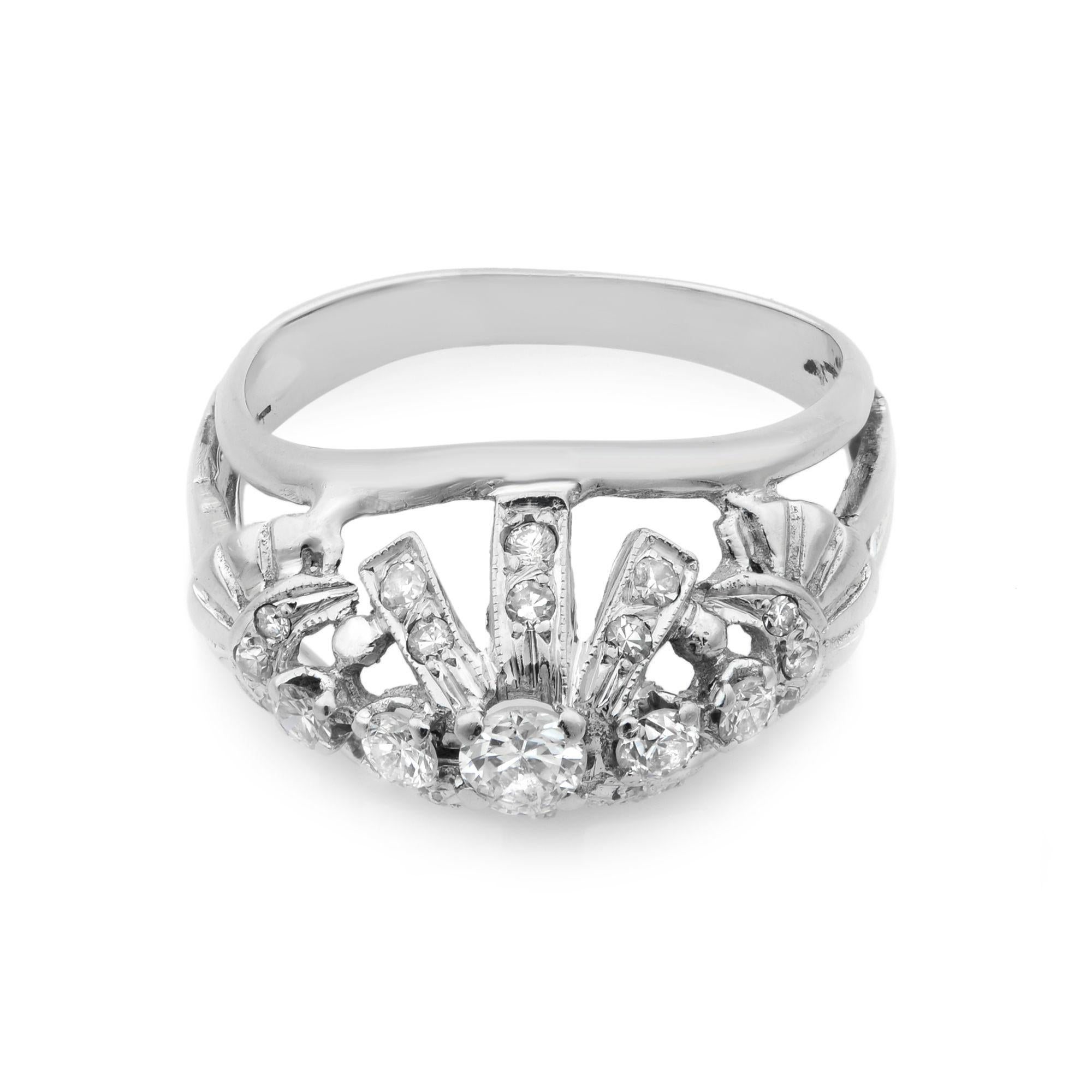 Vintage Dome Diamond Cocktail Ring 14K White Gold 0.36Cttw In Excellent Condition For Sale In New York, NY