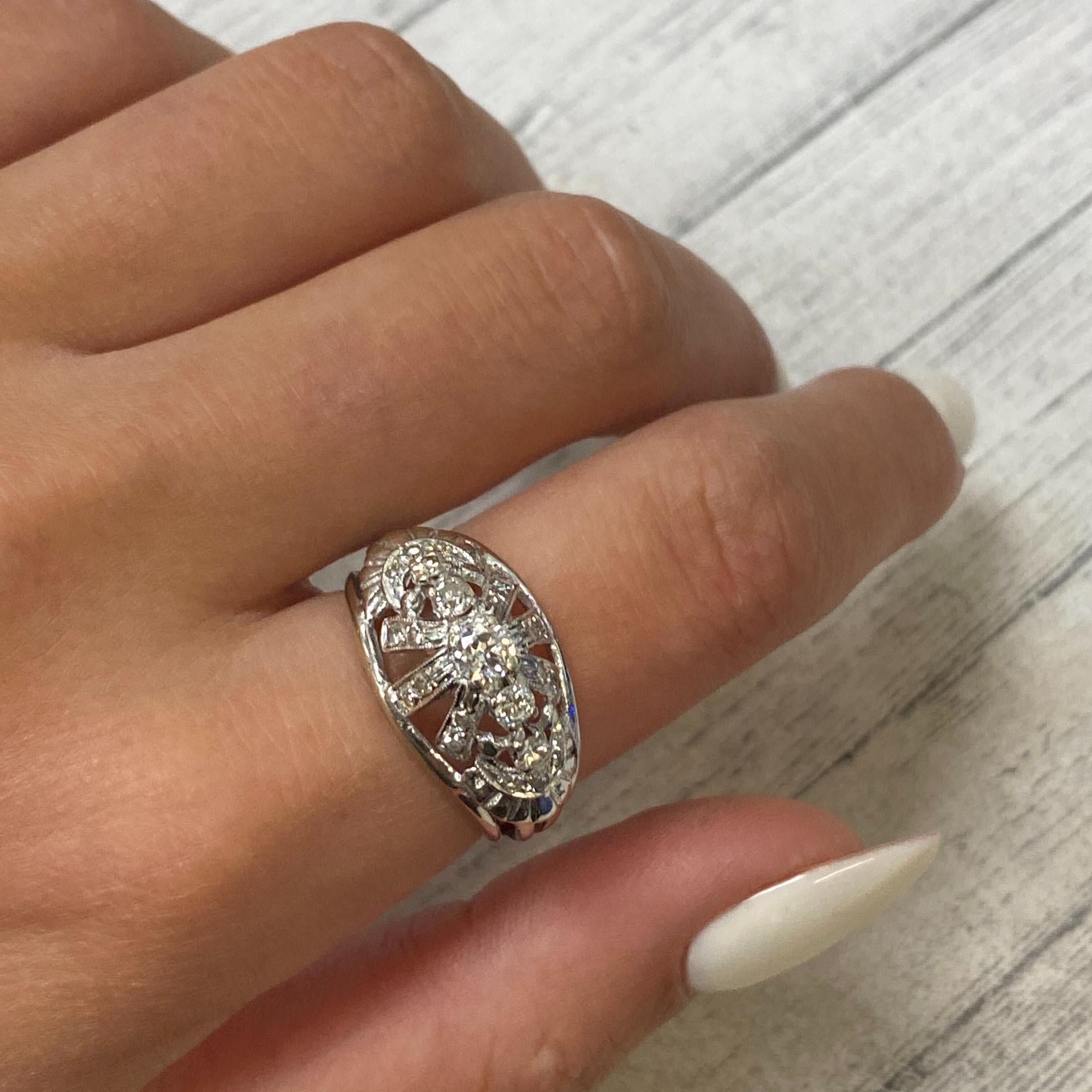 Women's Vintage Dome Diamond Cocktail Ring 14K White Gold 0.36Cttw For Sale