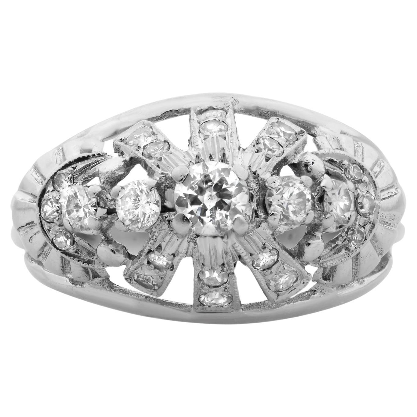 Vintage Dome Diamond Cocktail Ring 14K White Gold 0.36Cttw For Sale