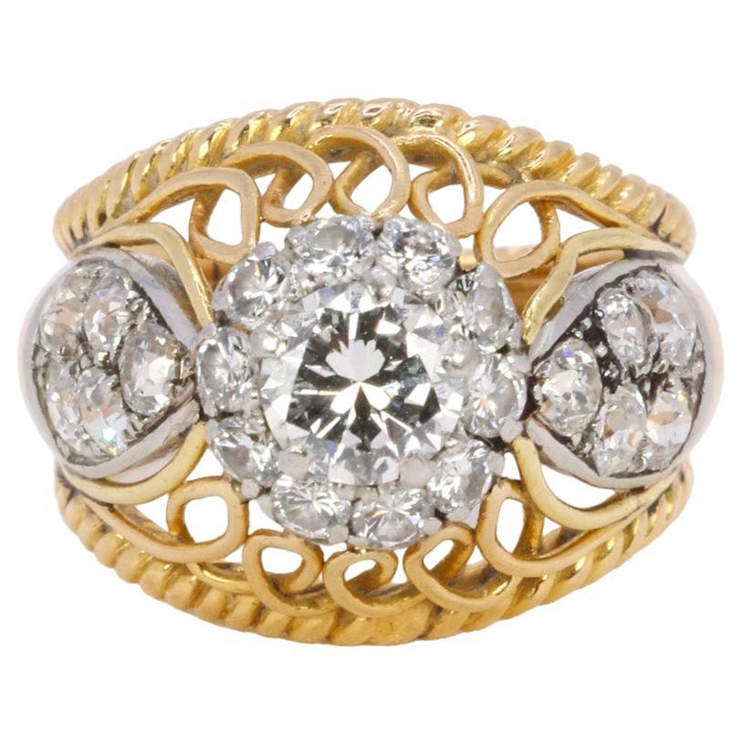 Vintage dome ring in yellow gold, platinum and 1 ct central diamond For Sale