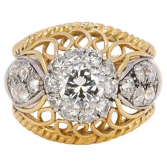 Retro dome ring in yellow gold, platinum and 1 ct central diamond