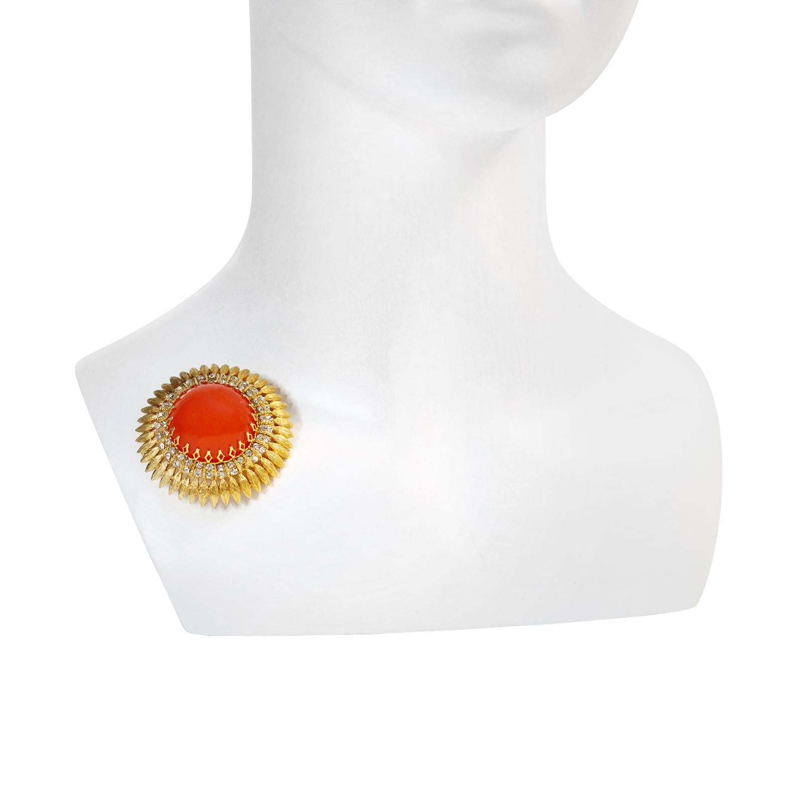 Vintage Domed Faux Coral with Diamante Brooch.  The Brooch is elevated in 3 layers.  Such a chic brooch. The gold against the diamante and the faux coral look great.