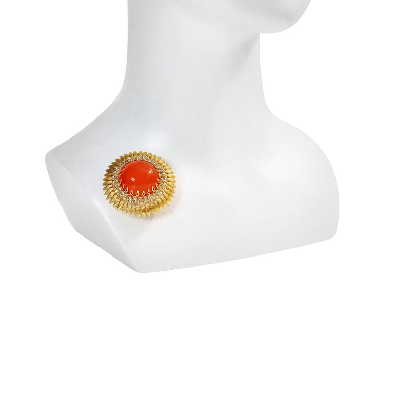 Byzantine Vintage Domed Faux Coral with Diamante Brooch For Sale