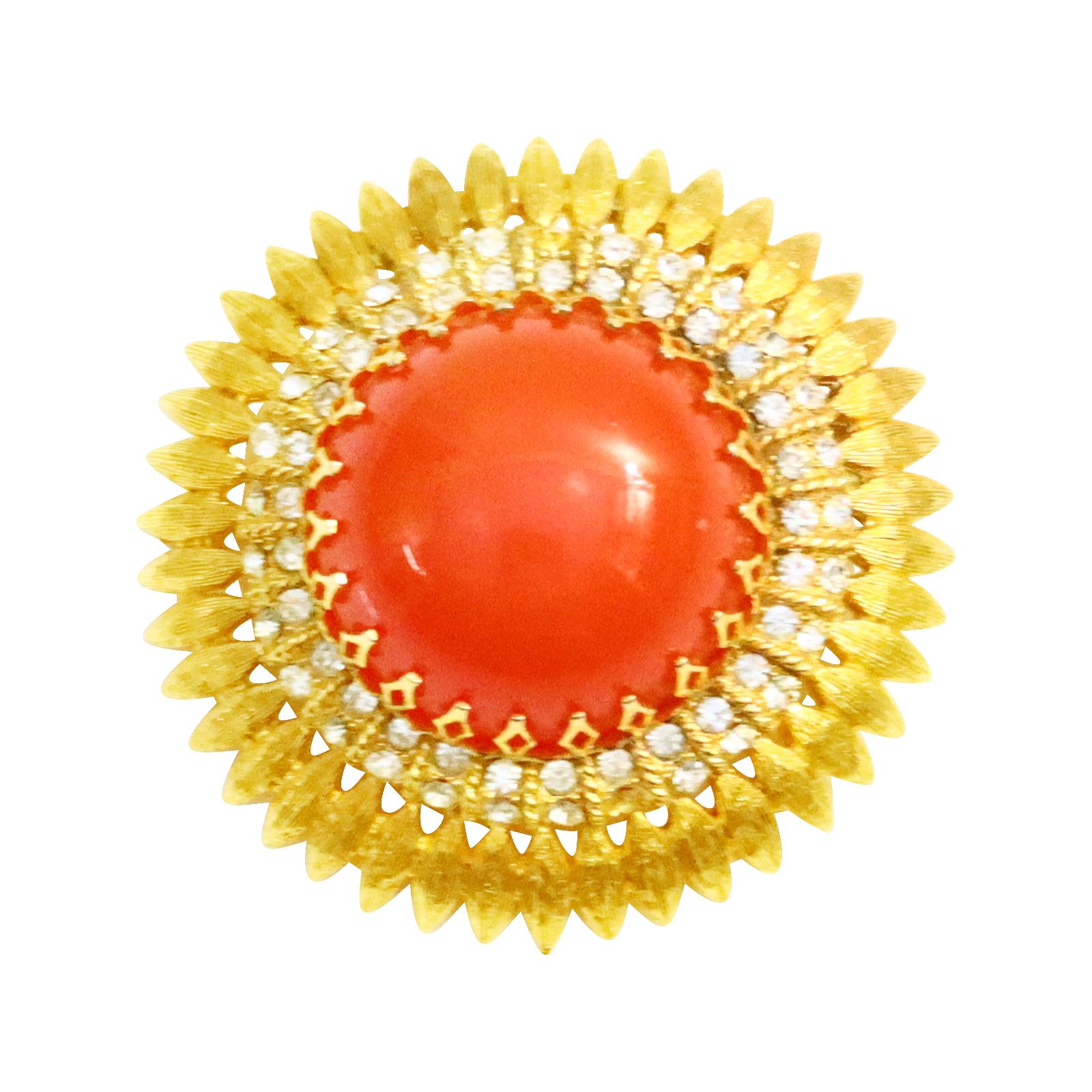 Modern Vintage Domed Faux Coral with Diamante Brooch For Sale