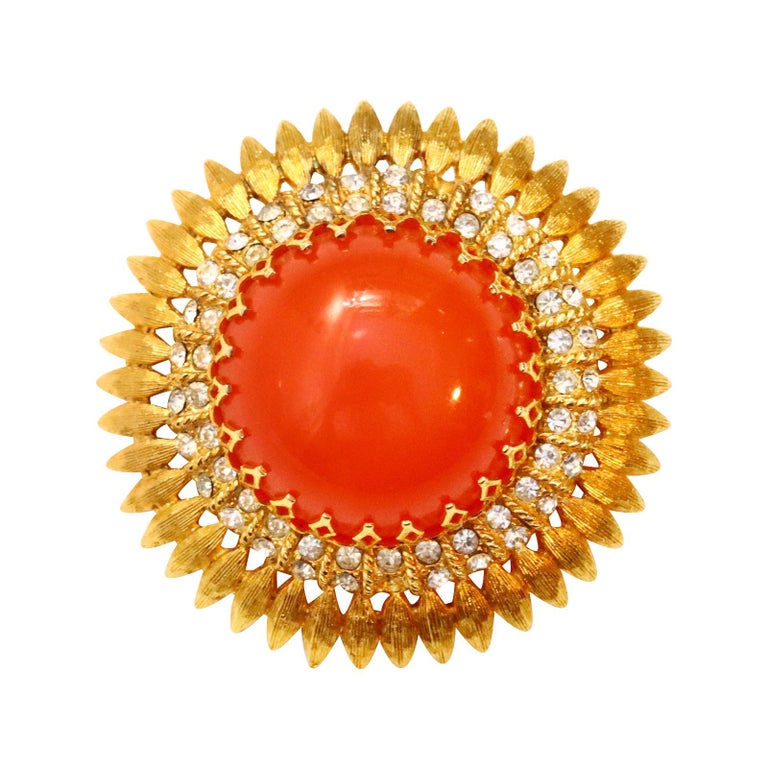 Women's or Men's Vintage Domed Faux Coral with Diamante Brooch For Sale