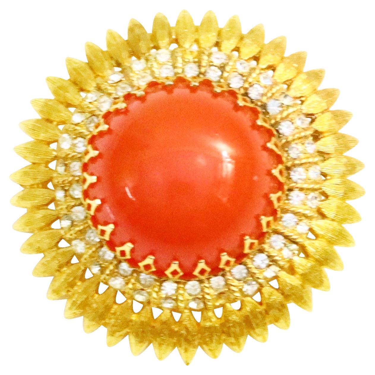 Vintage Domed Faux Coral with Diamante Brooch