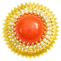 Vintage Domed Faux Coral with Diamante Brooch