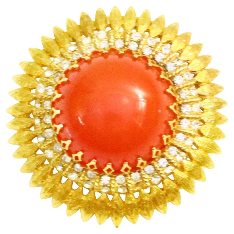 Vintage Domed Faux Coral with Diamante Brooch For Sale
