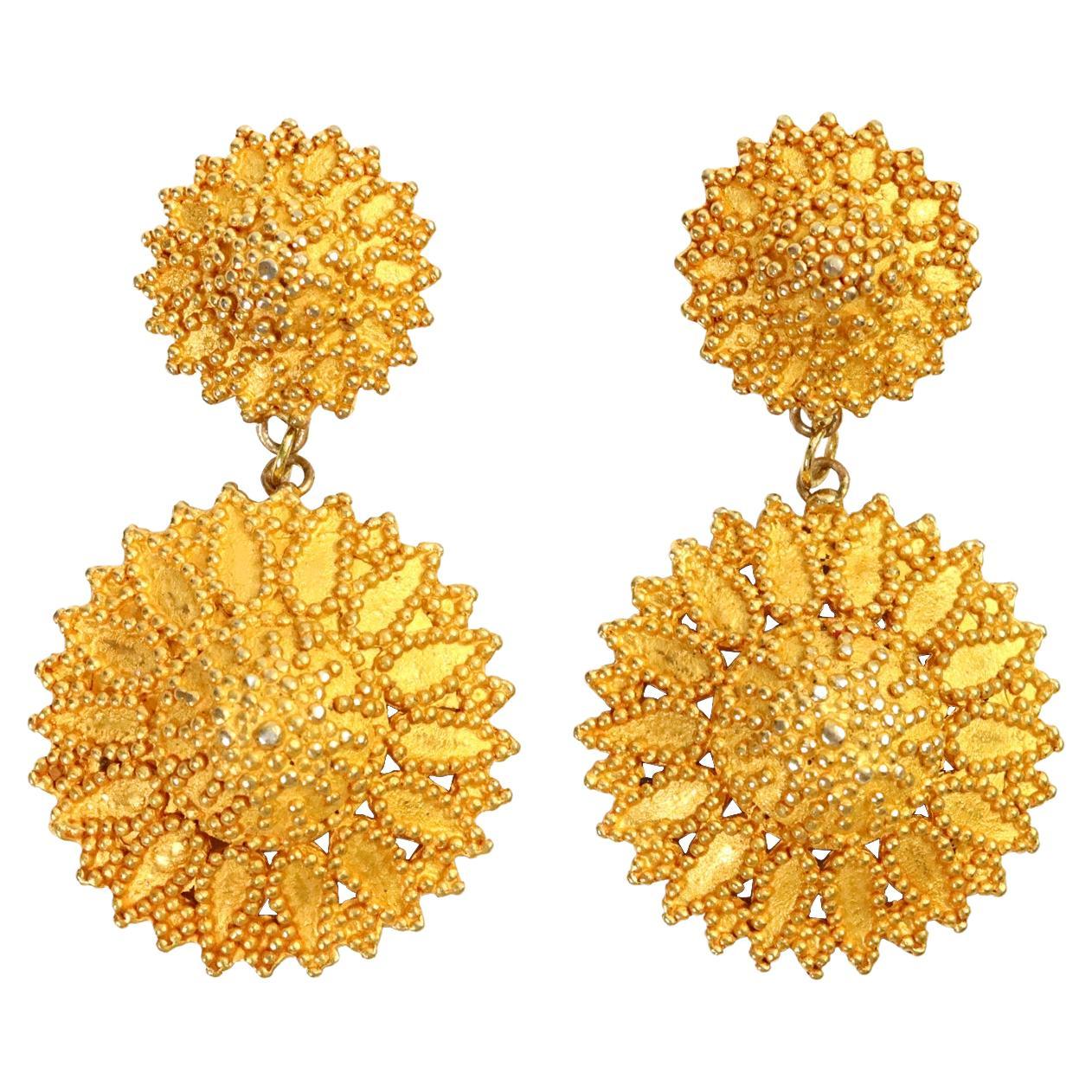 Vintage Dominique Aurientis Byzantine Dangling Matte Gold Earrings Circa 1980s