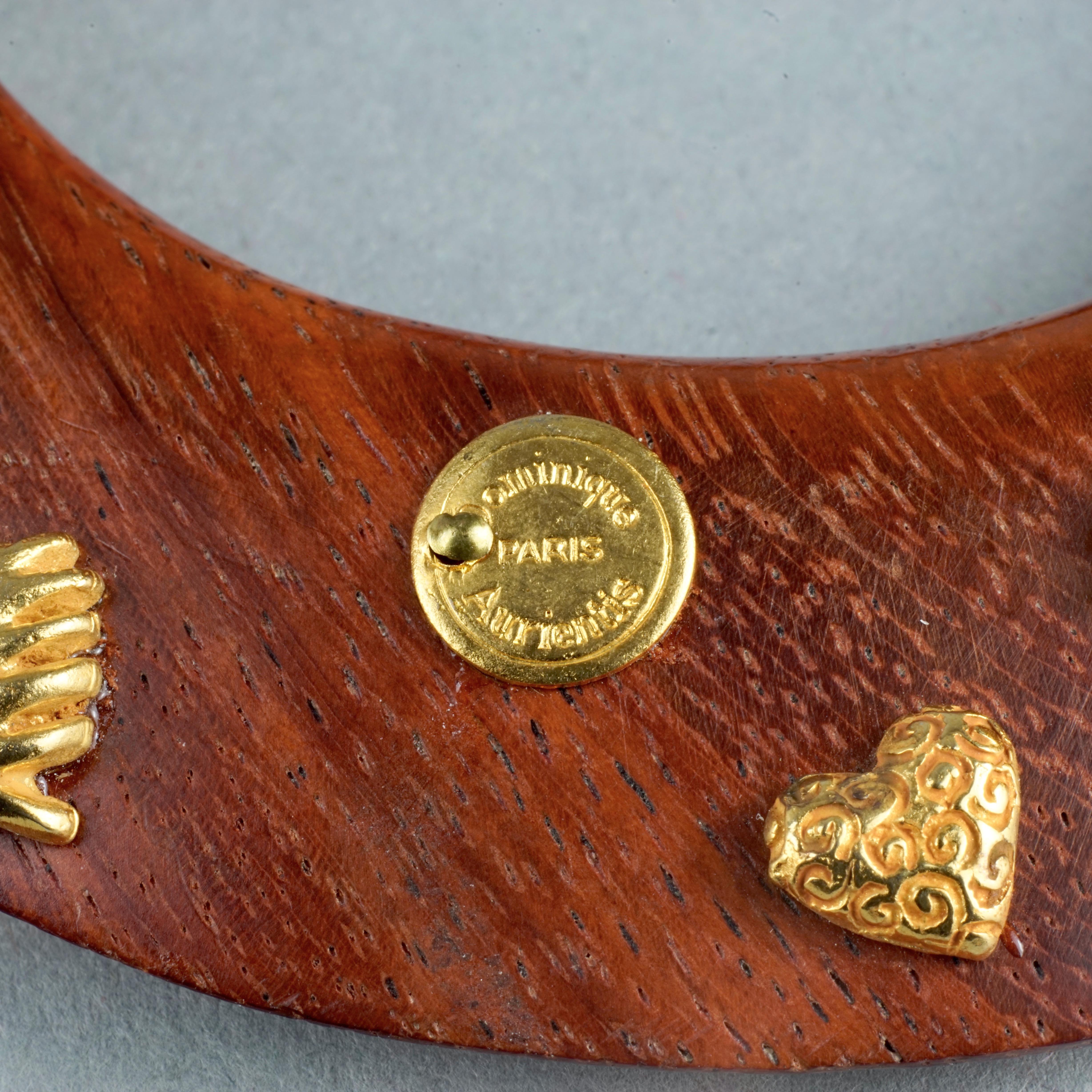 Vintage DOMINIQUE AURIENTIS Gilt Charm Flat Wood Bangle Bracelet For Sale 1