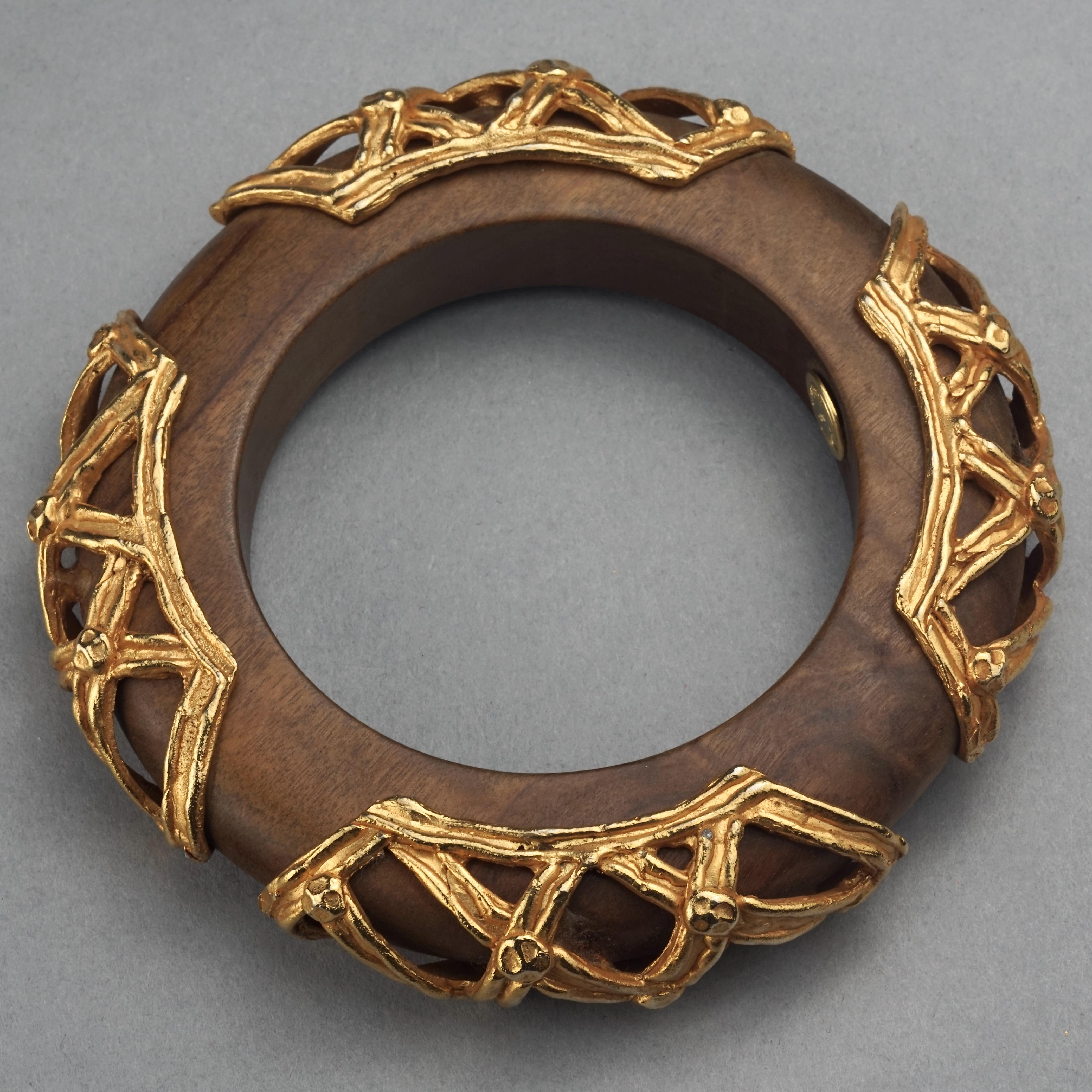 Vintage DOMINIQUE AURIENTIS Gilt Mesh Cage Wood Bangle Bracelet For Sale 1