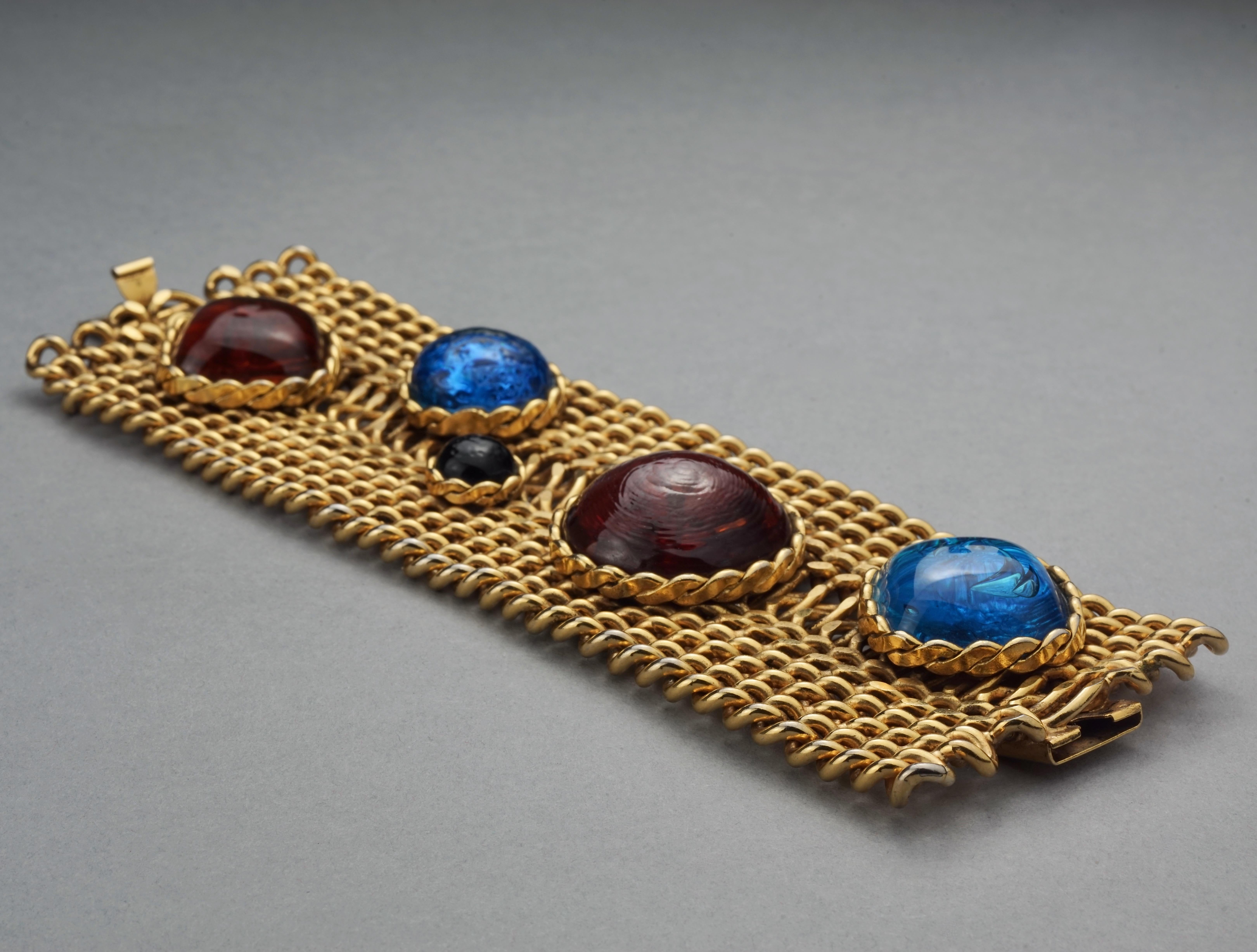 Women's Vintage DOMINIQUE AURIENTIS Jeweled Glass Cabochon Wide Chain Cuff Bracelet