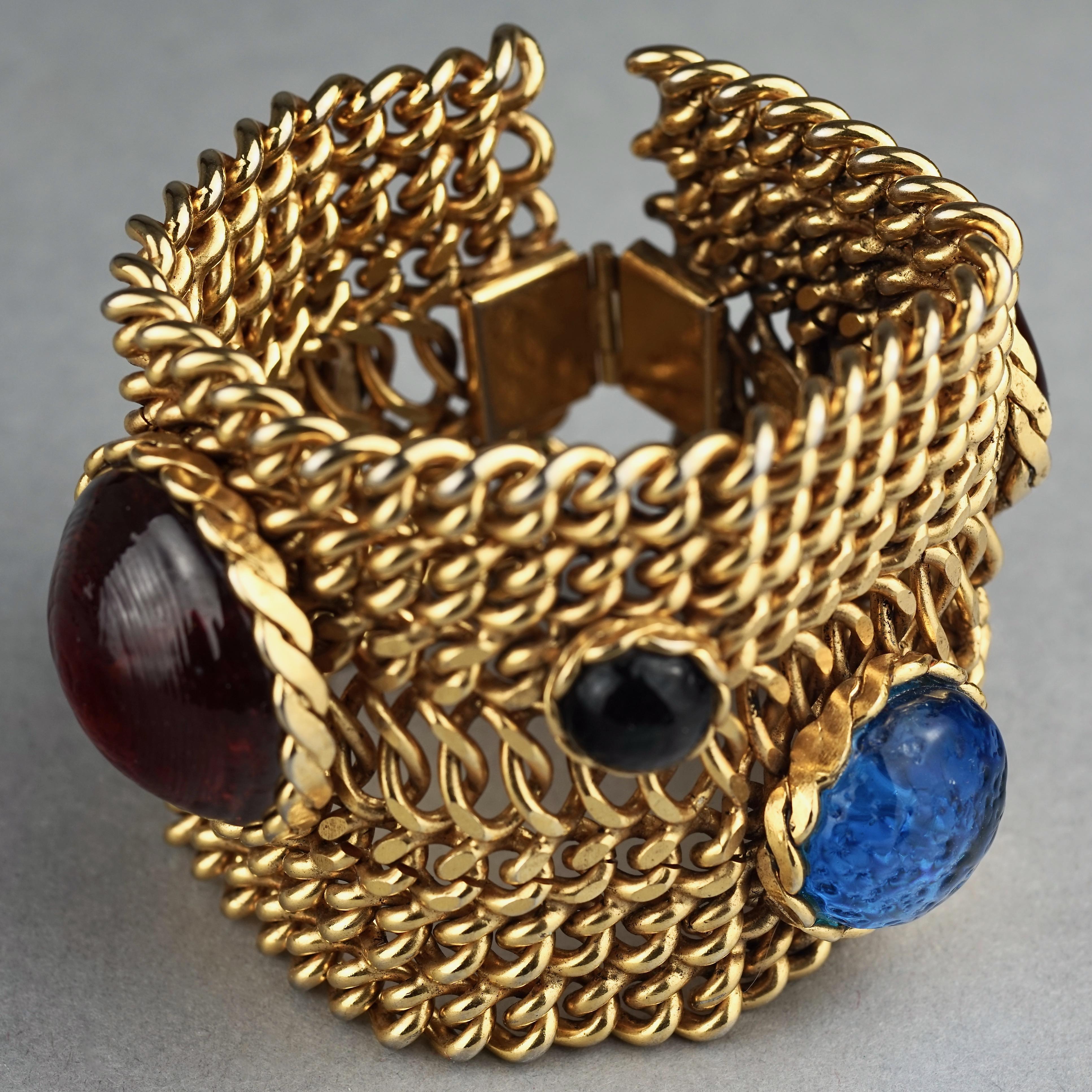 Vintage DOMINIQUE AURIENTIS Jeweled Glass Cabochon Wide Chain Cuff Bracelet 2