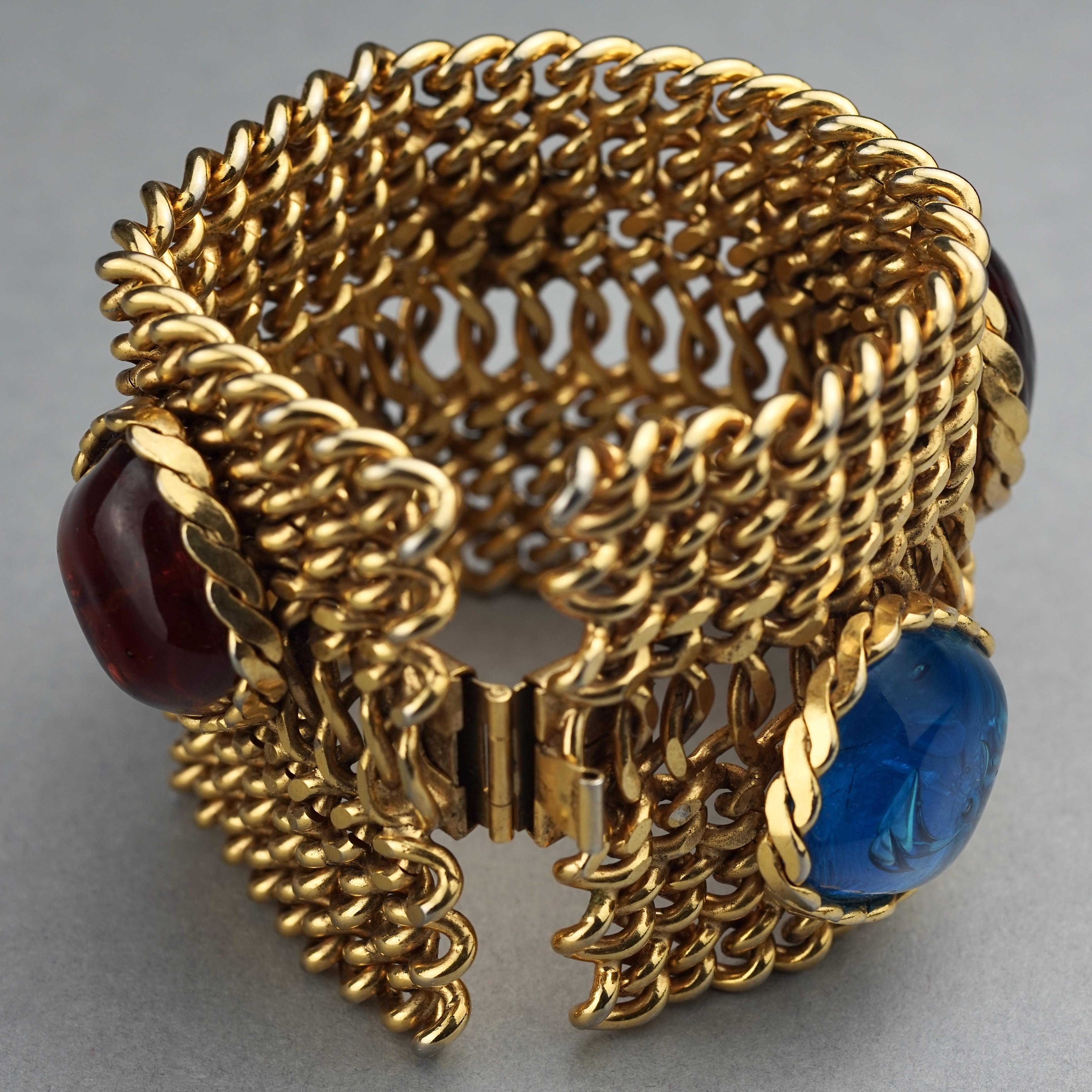 Vintage DOMINIQUE AURIENTIS Jeweled Glass Cabochon Wide Chain Cuff Bracelet 3