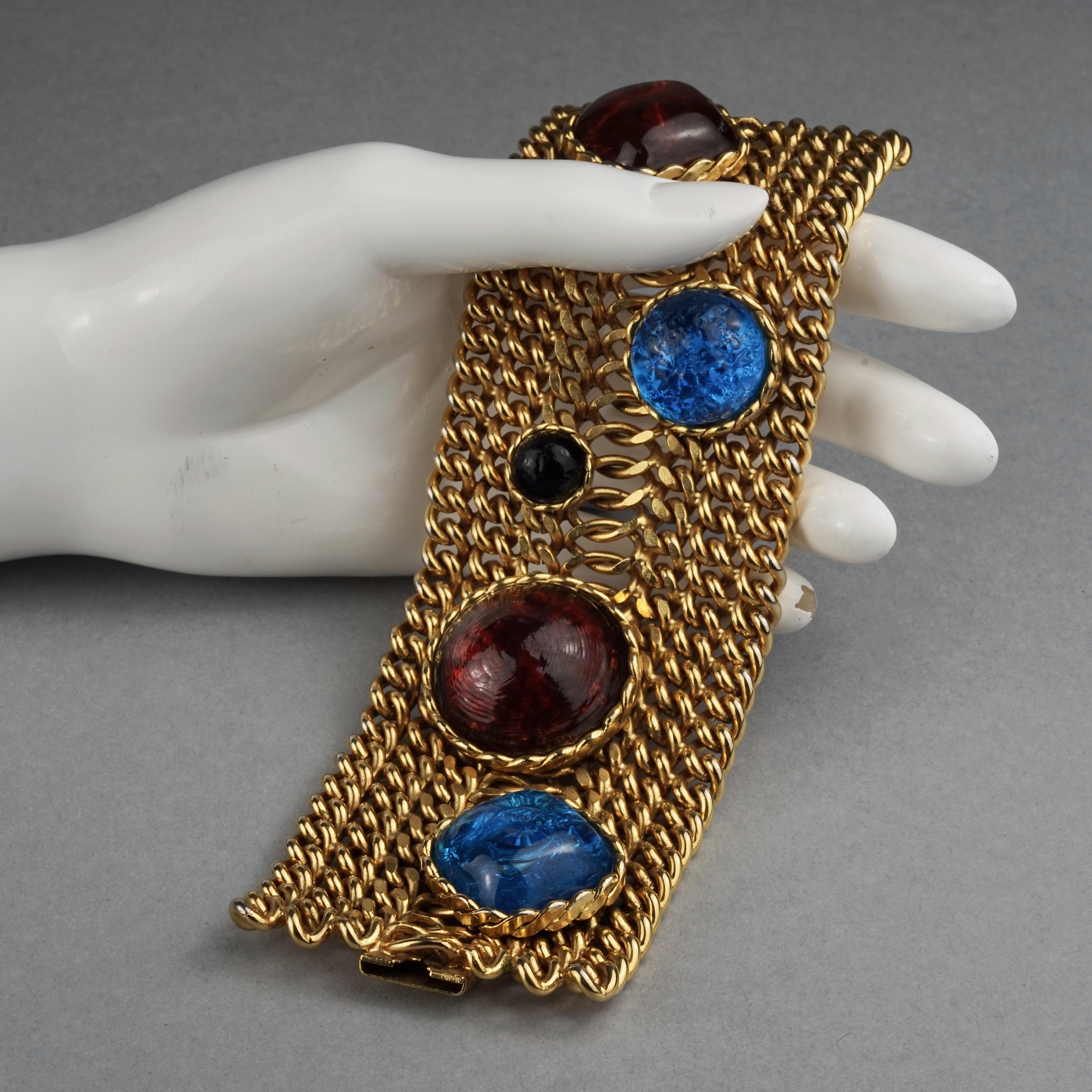 Vintage DOMINIQUE AURIENTIS Jeweled Glass Cabochon Wide Chain Cuff Bracelet 5