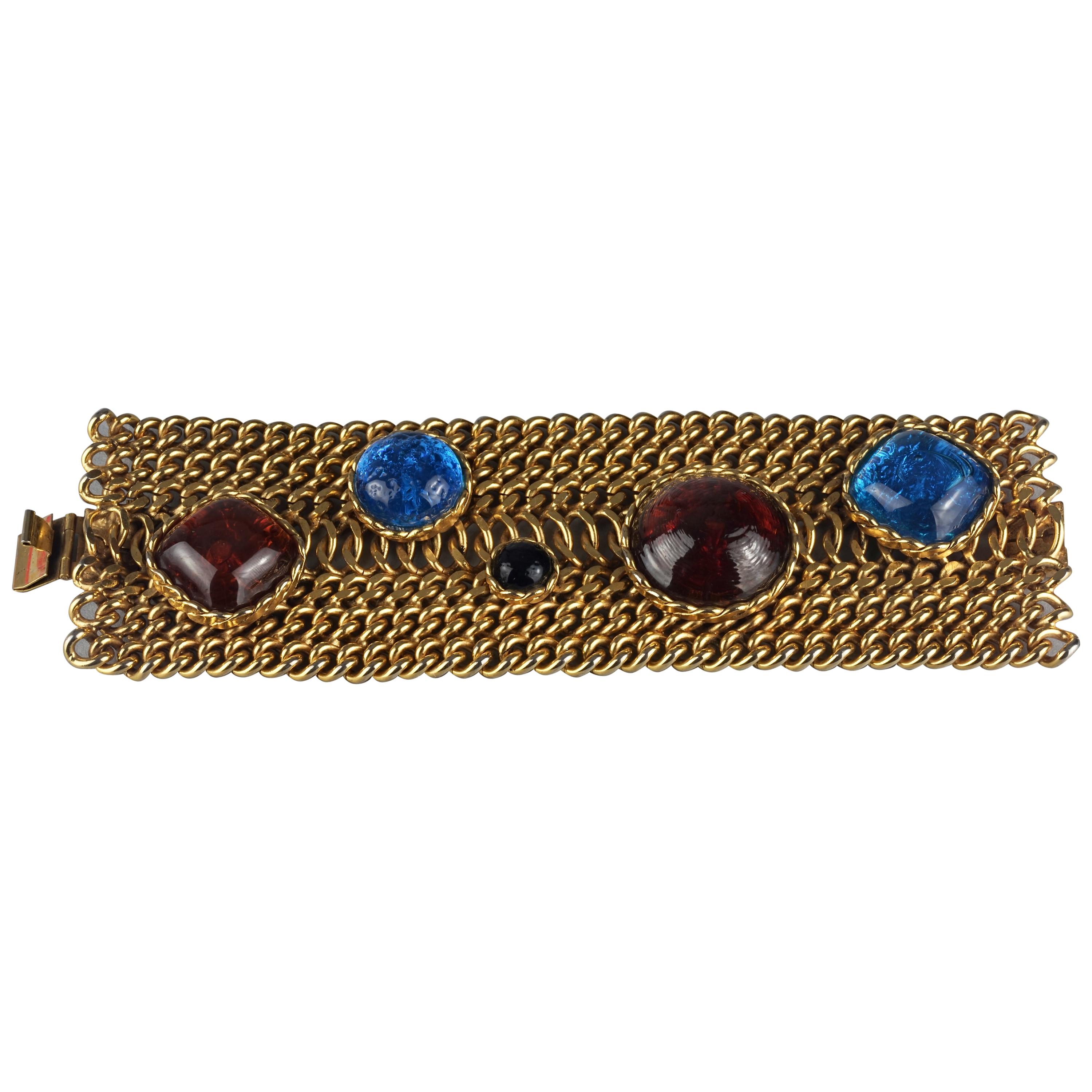 Vintage DOMINIQUE AURIENTIS Jeweled Glass Cabochon Wide Chain Cuff Bracelet