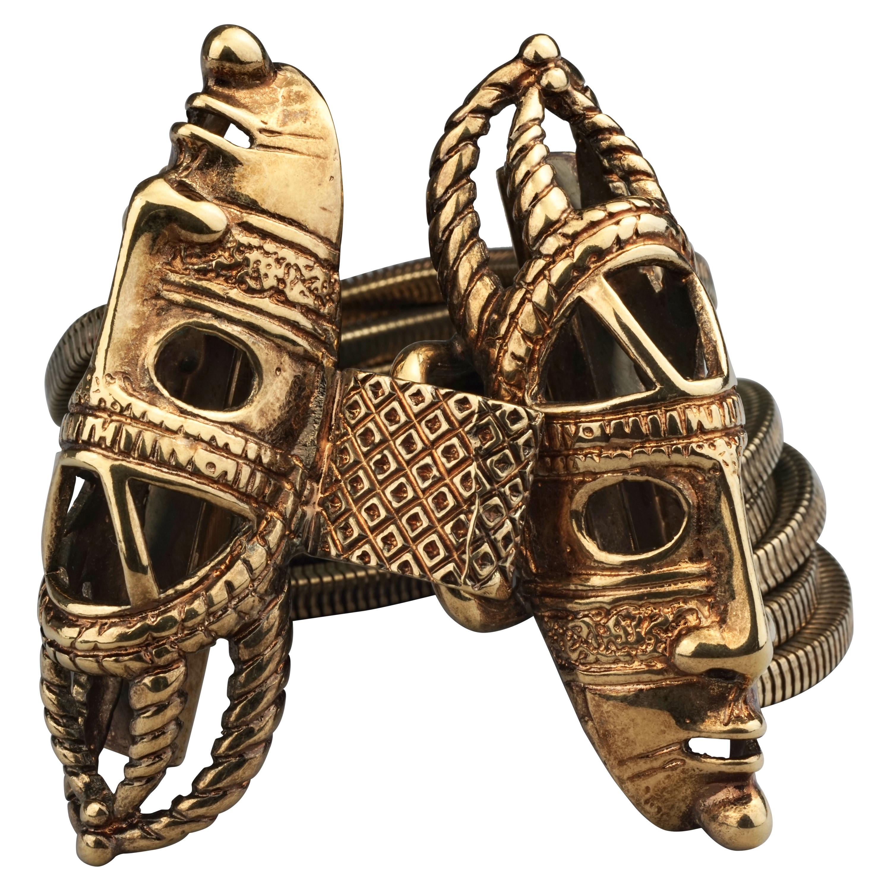 Vintage DOMINIQUE AURIENTIS Tribal Mask Multi Chain Cuff Bracelet For Sale