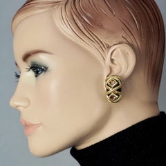 Vintage DOMINIQUE AURIENTIS Wood Gold Inlay Rhinestones Earrings