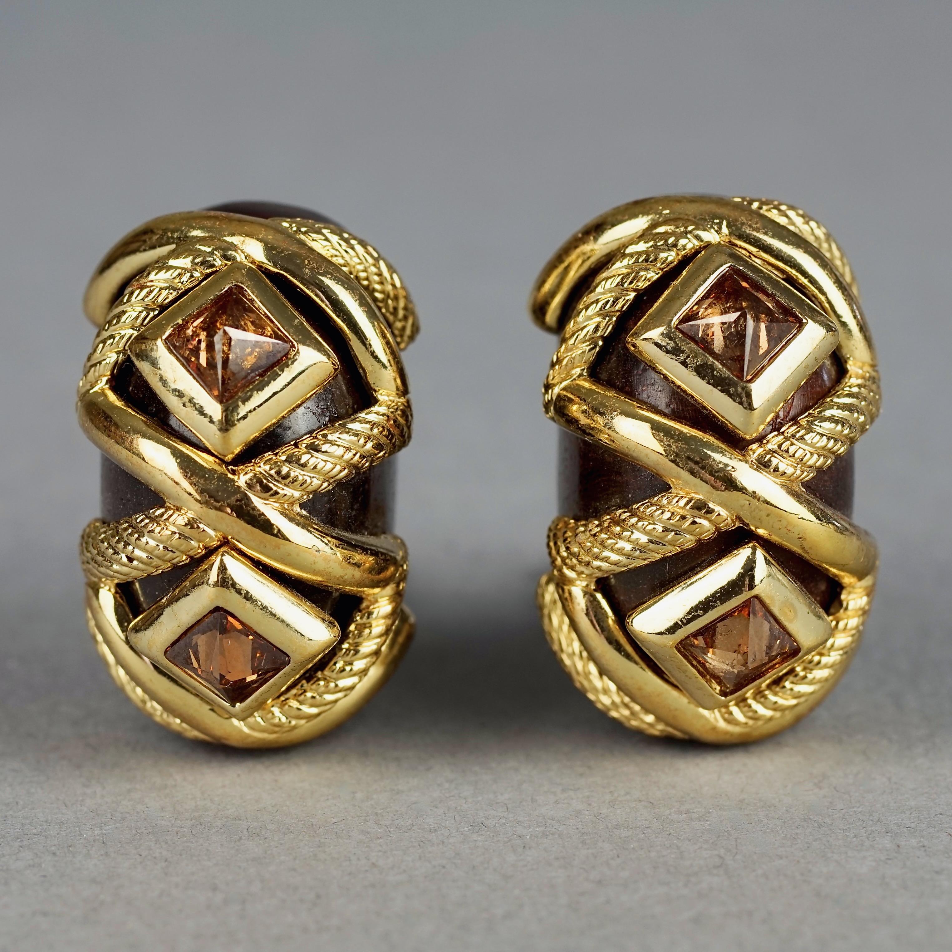 Vintage DOMINIQUE AURIENTIS Wood Gold Inlay Rhinestones Earrings For Sale 2