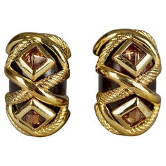 Vintage DOMINIQUE AURIENTIS Wood Gold Inlay Rhinestones Earrings