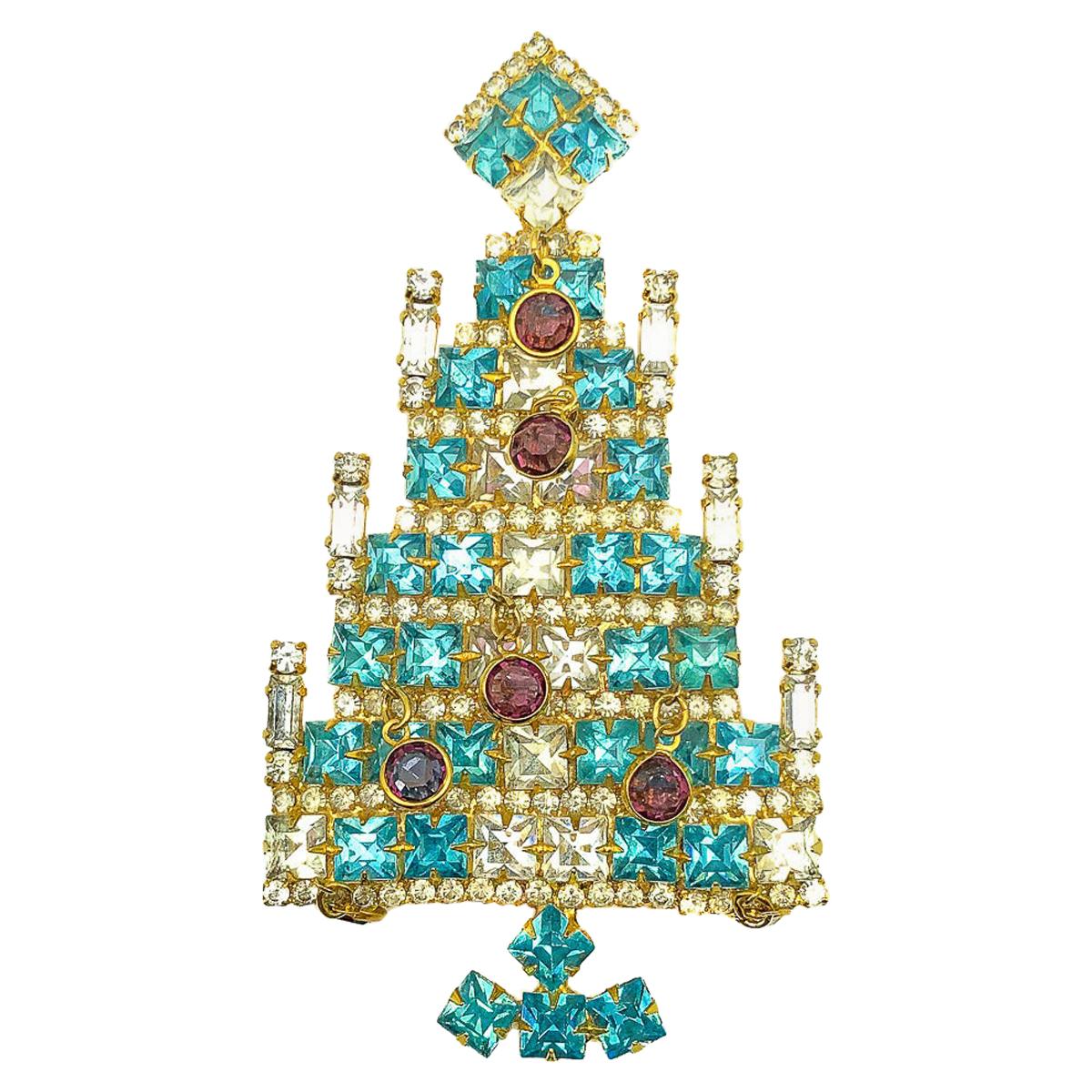 Dominique Große Weihnachtsbaum-Brosche mit Juwelen 1980er Jahre Vintage im Angebot