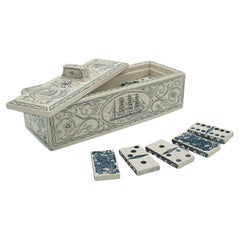 Vintage Dominoes Set, English, Ceramic, Gaming Case, Nautical Taste, Art Deco